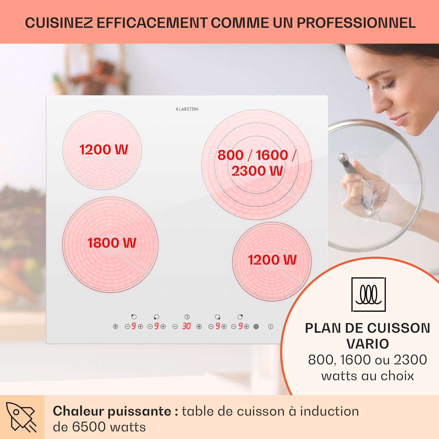 Virtuosa 4 table de cuisson encastrée 4 zones 6500 W vitrocéramique Verre Blanc