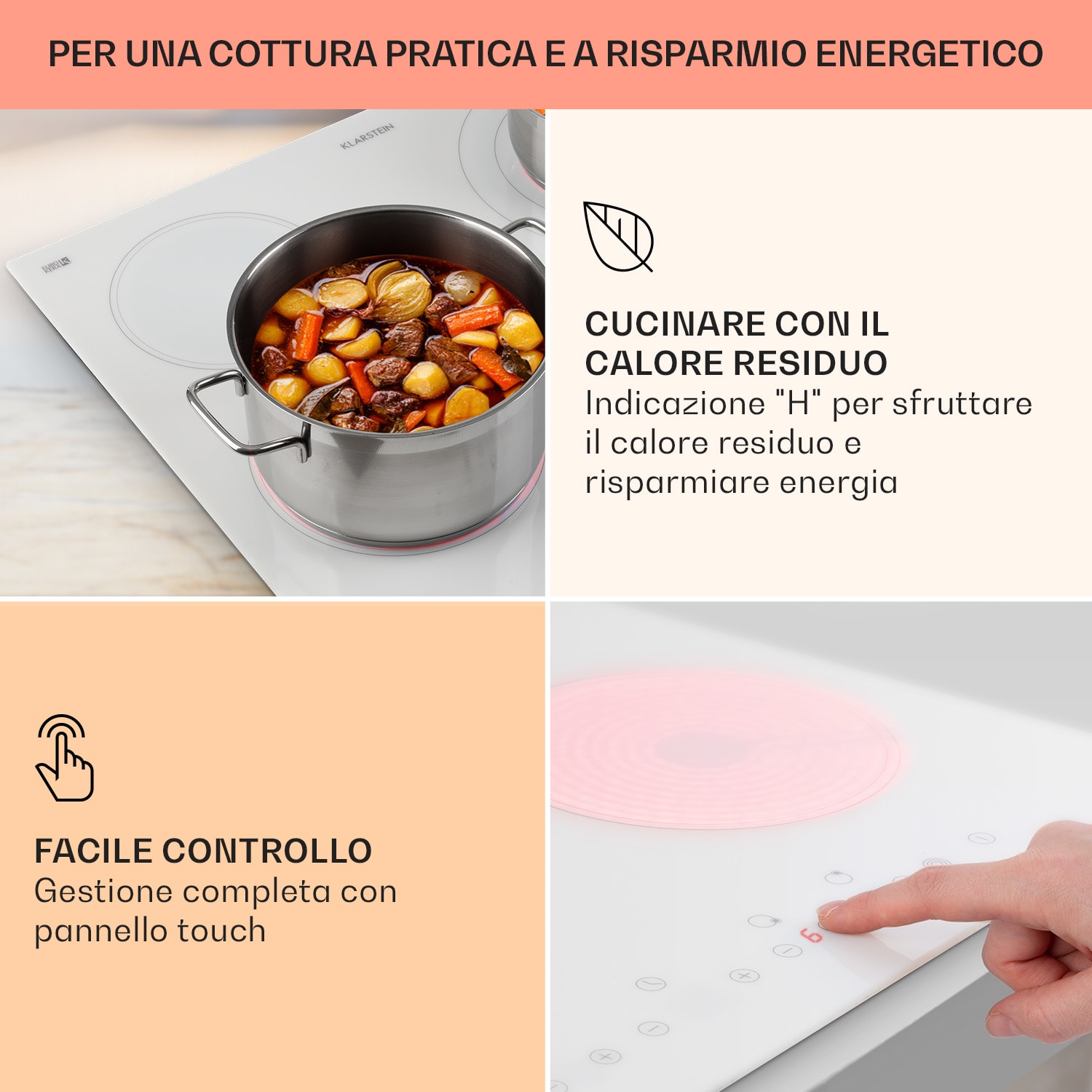 Virtuosa 4, piano cottura a incasso, 4 zone, 6500W, vetroceramica Bianco trasparente