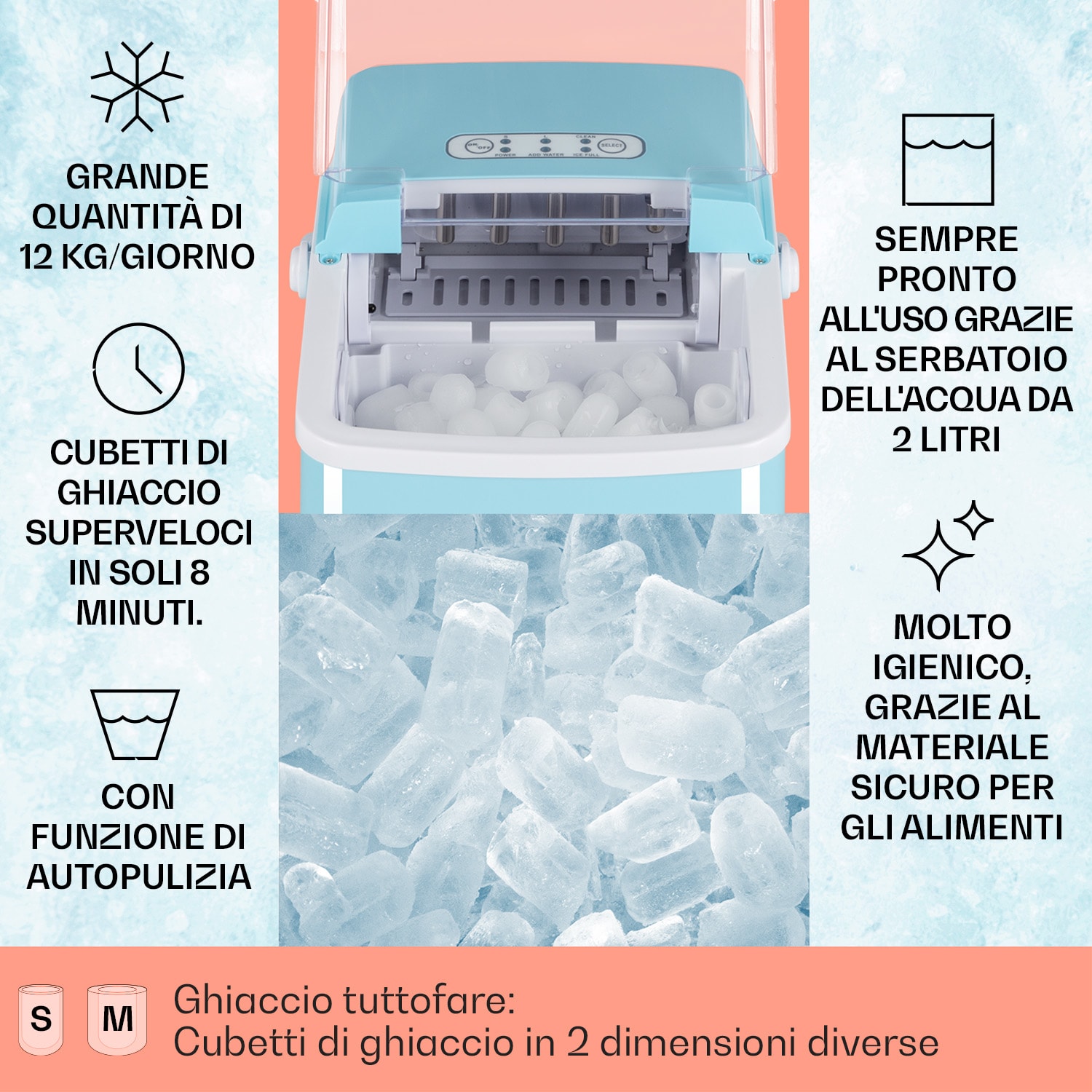 Arctic Porter, Macchina del Ghiaccio, Cubetti a Pallottola, 12kg/24h, Acciaio Inox Verde acqua