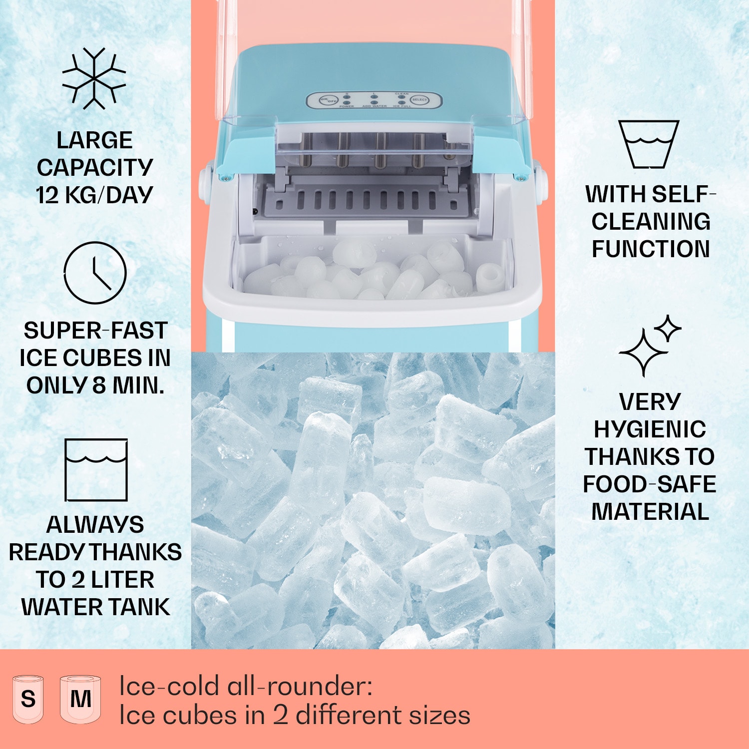 Arctic Porter, výrobník ledu, kuželovité kostky ledu, 12 kg/24 h, nerezová ocel 