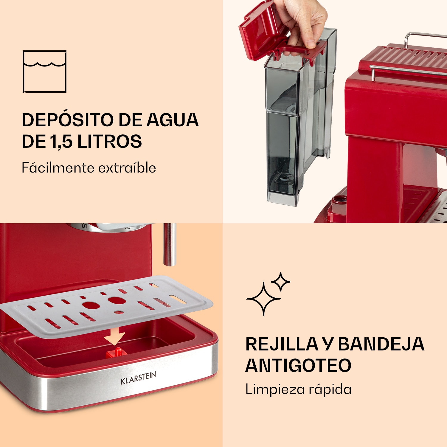 Cafetera Gusto Classico 1350 vatios 20 bares de presión Depósito de agua: 1,5 litros Rojo