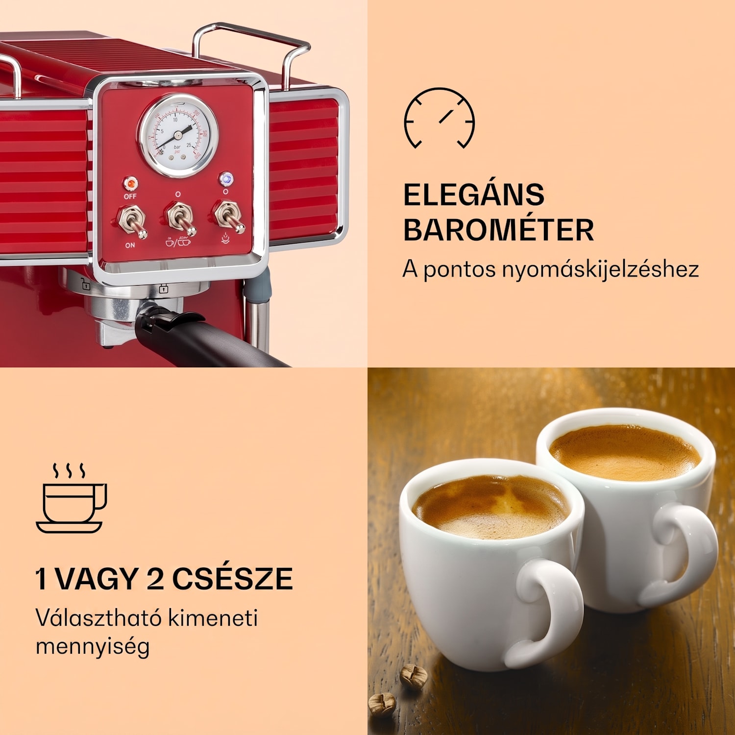 Gusto Classico, eszpresszógép, 1350 W, 20 bar, 1,5 l, rozsdamentes acél Piros