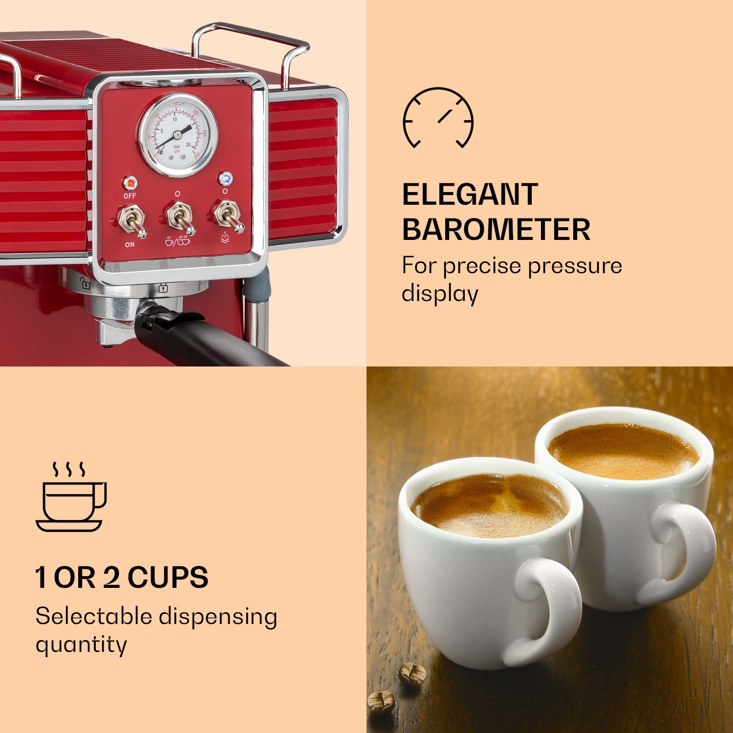 Gusto Classico espressomachine 1350 watt 20 bar druk watertank: 1,5 liter Rood