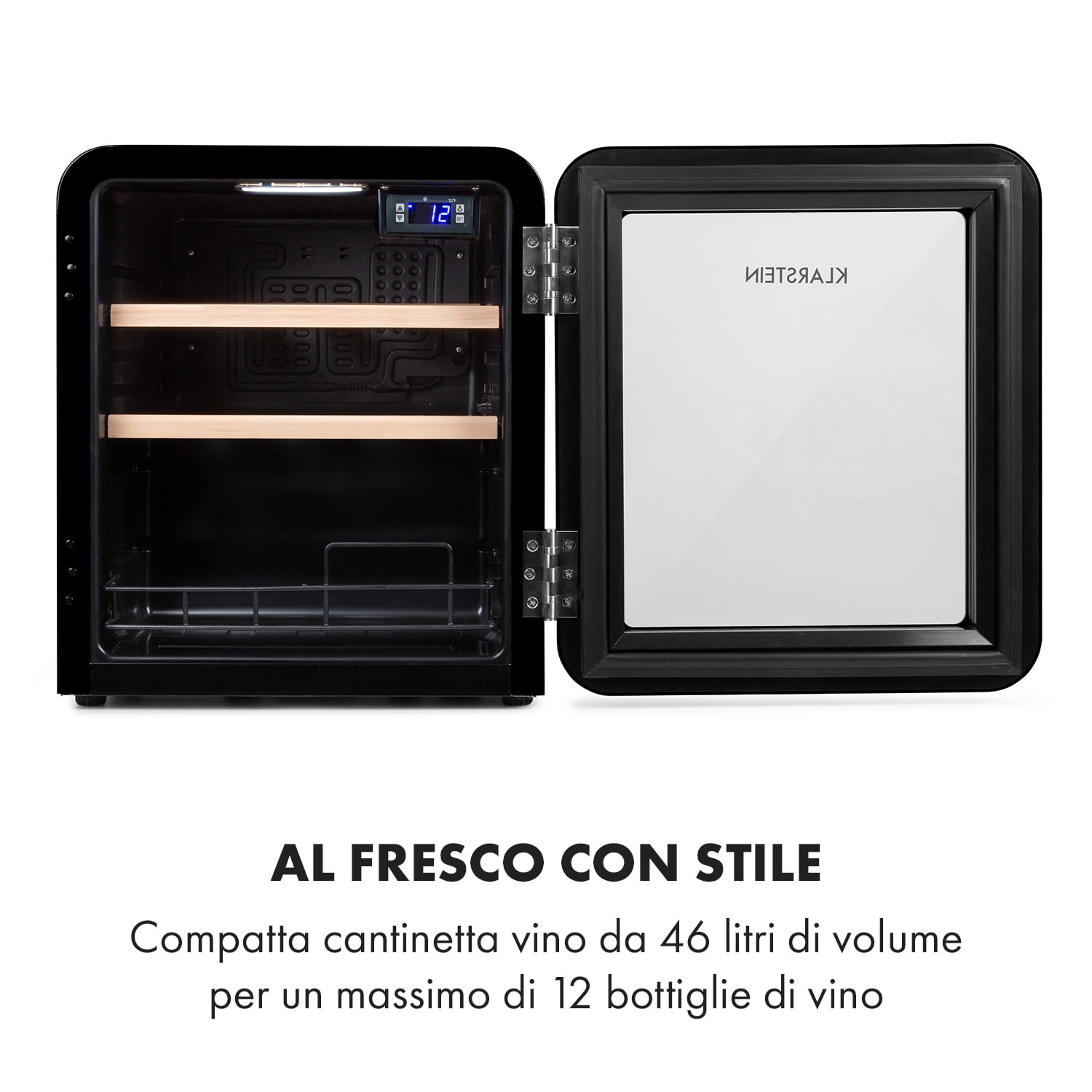 Cantinetta frigo per vini Vinetage 12 Bottiglie 48 Litri 4-22°C Design Retrò 12 bottiglie | 1 zona di raffreddamento | Nero