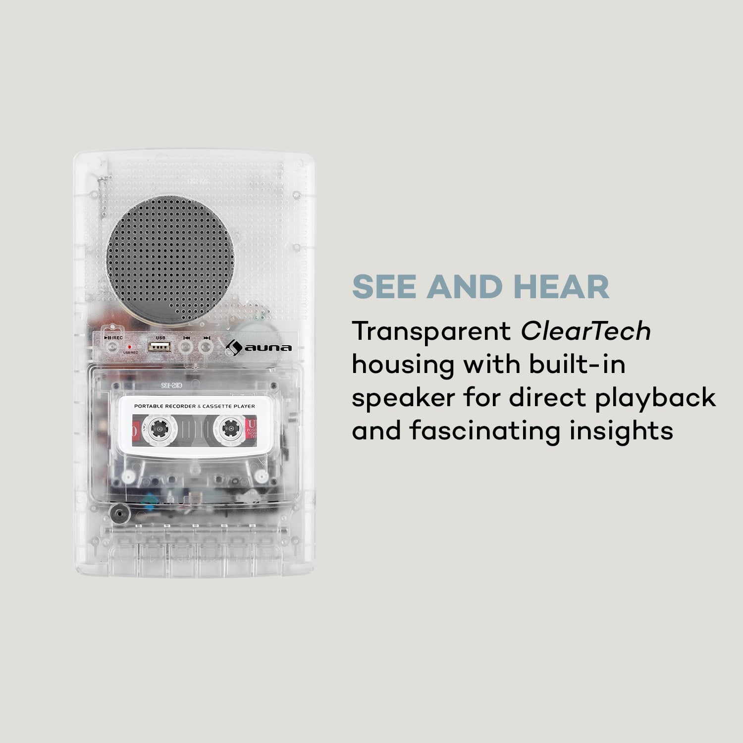 ClearTech, magnetofón, diktafón, USB, MP3, prenosný, transparentný 
