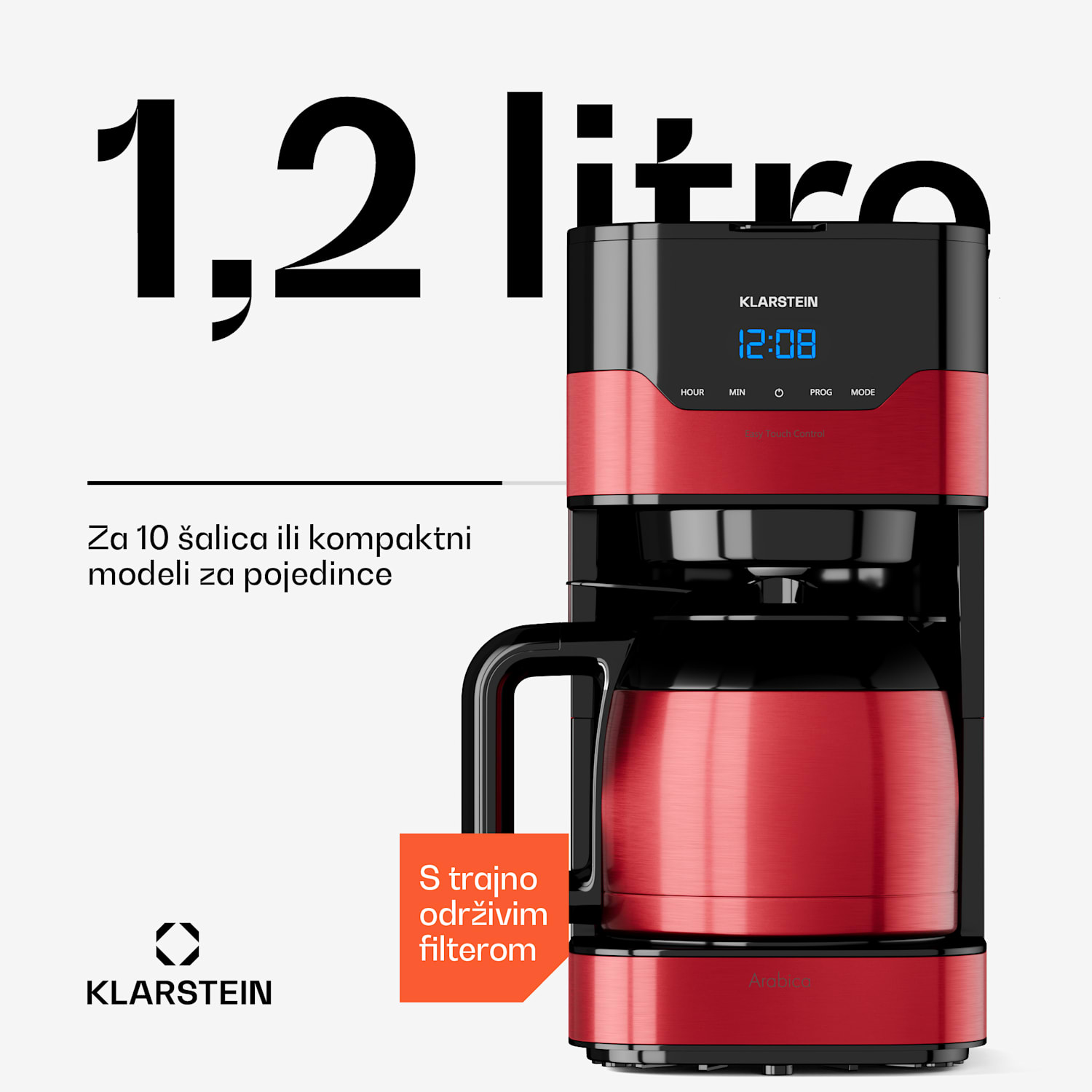 Arabica 800W, kuhalo za kavu, 1.2 l, EasyTouch Control, srebrni/crni Crvena