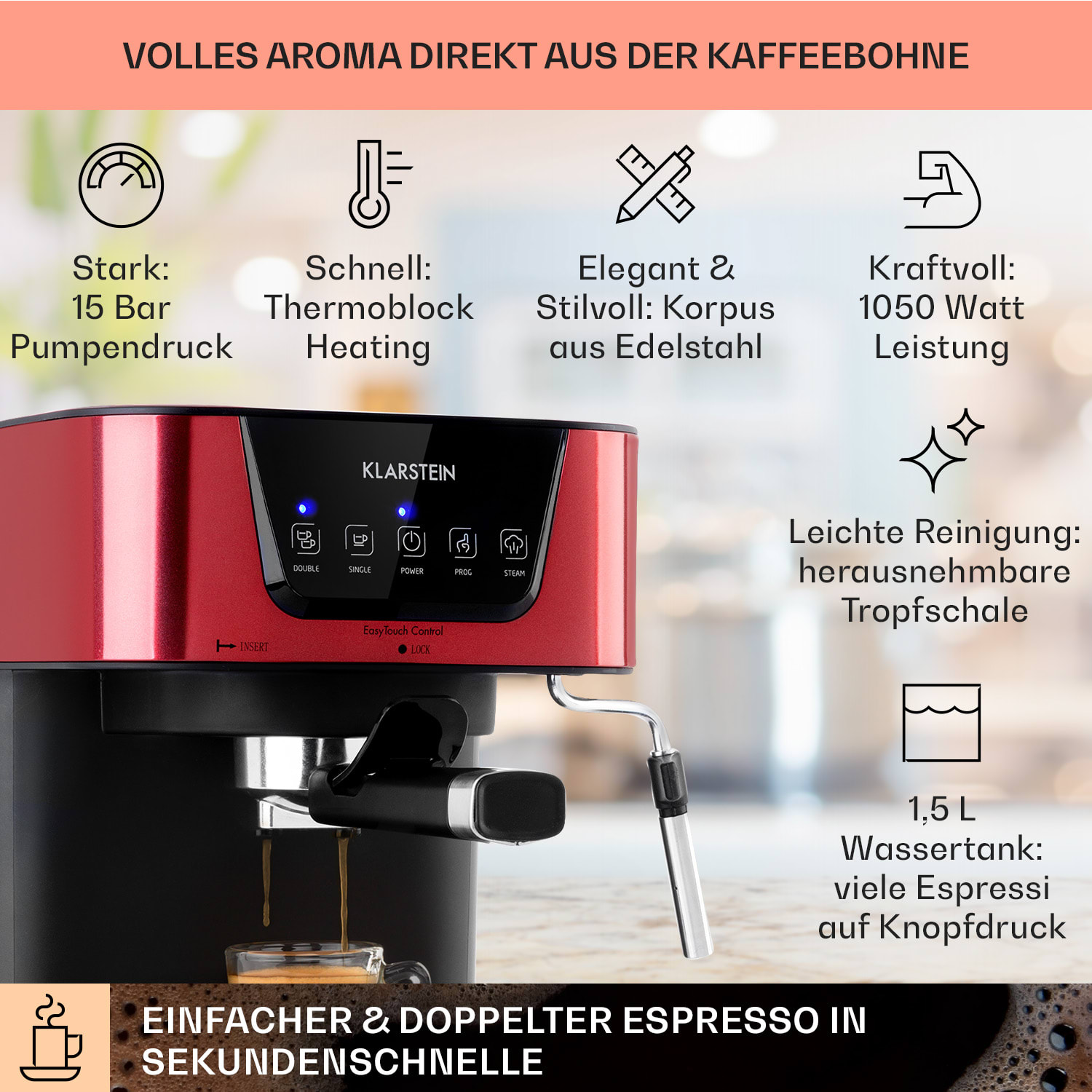 Arabica Espressomaschine 1050W 15 Bar 1,5l Touch-Bedienfeld  Edelstahl 