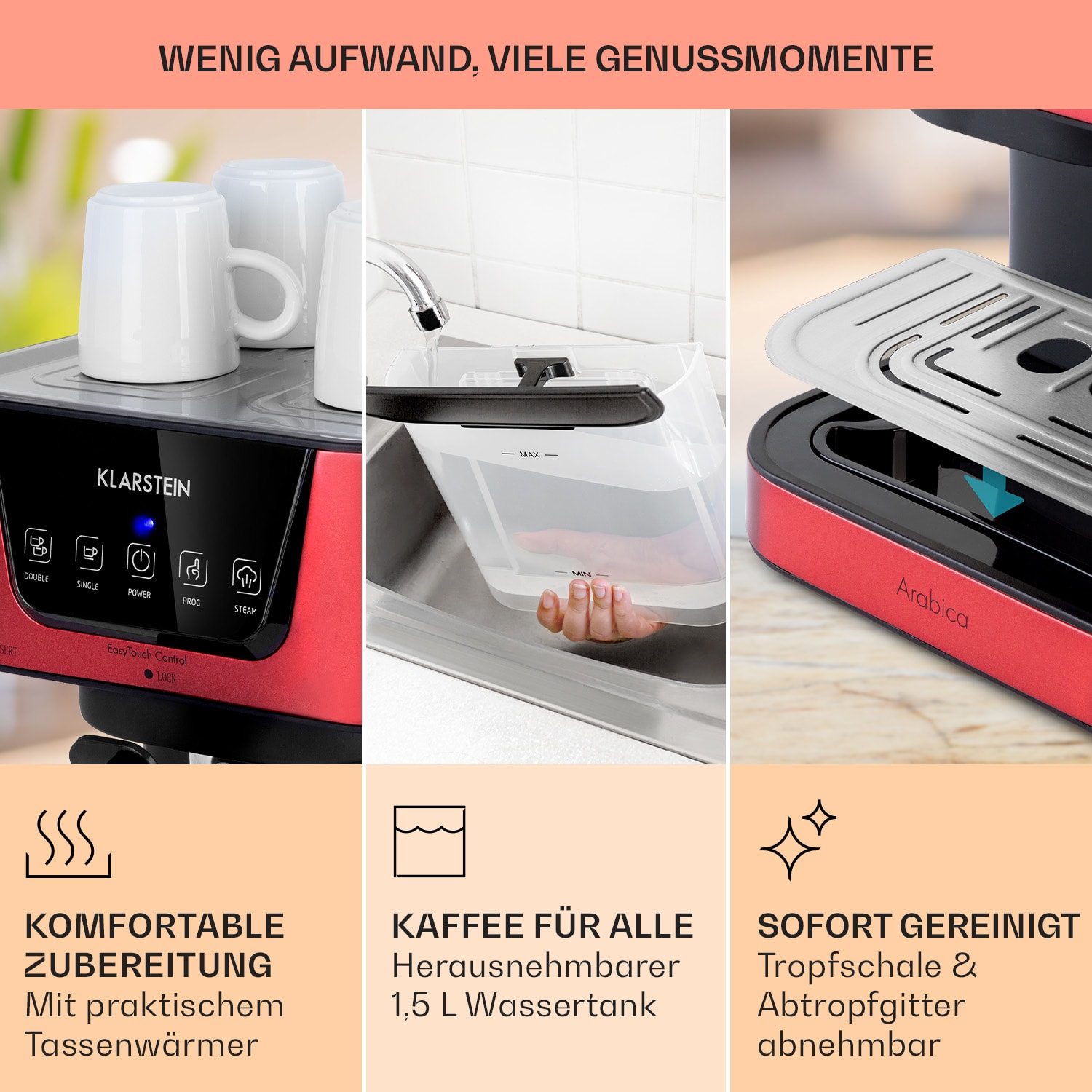 Arabica Espressomaschine 1050W 15 Bar 1,5l Touch-Bedienfeld  Edelstahl 