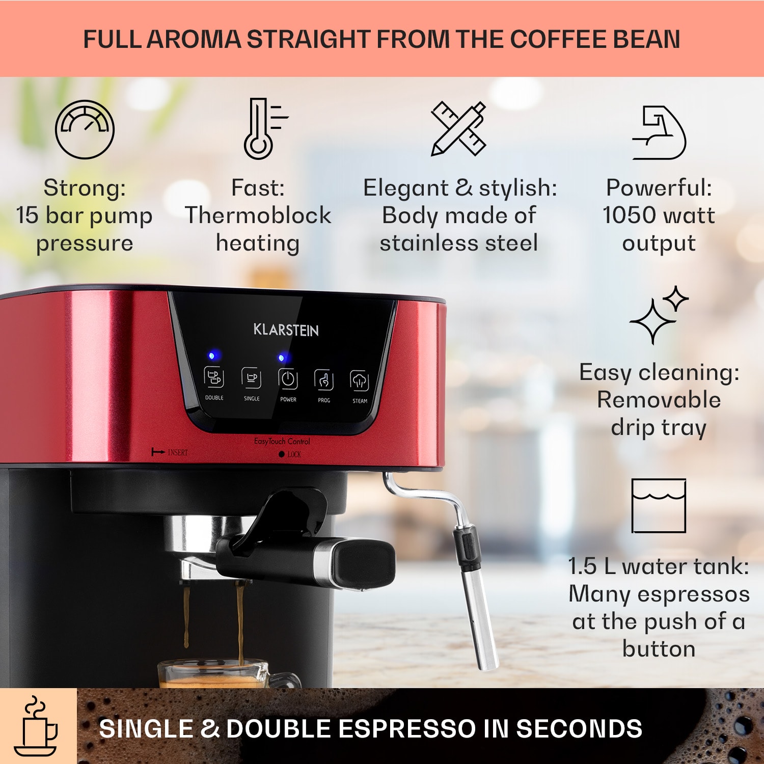 Arabica, aparat za kavo espresso, 1050 W, 15 barov, 1,5 l, nadzorna plošča na dotik, nerjaveče jeklo 