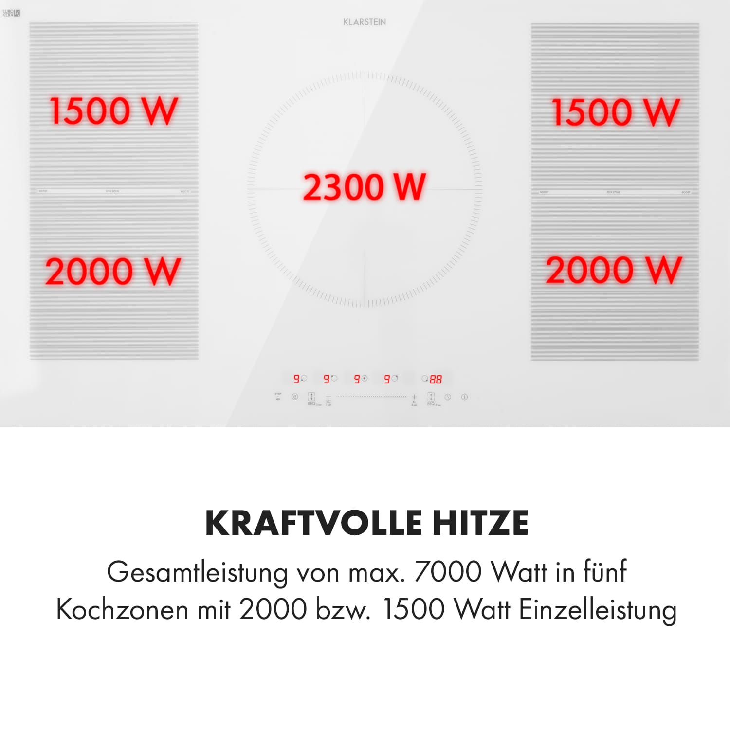 Delicatessa 90 Flex Einbaukochfeld Induktion 5 Zonen 7400W Autark Weißes Glas