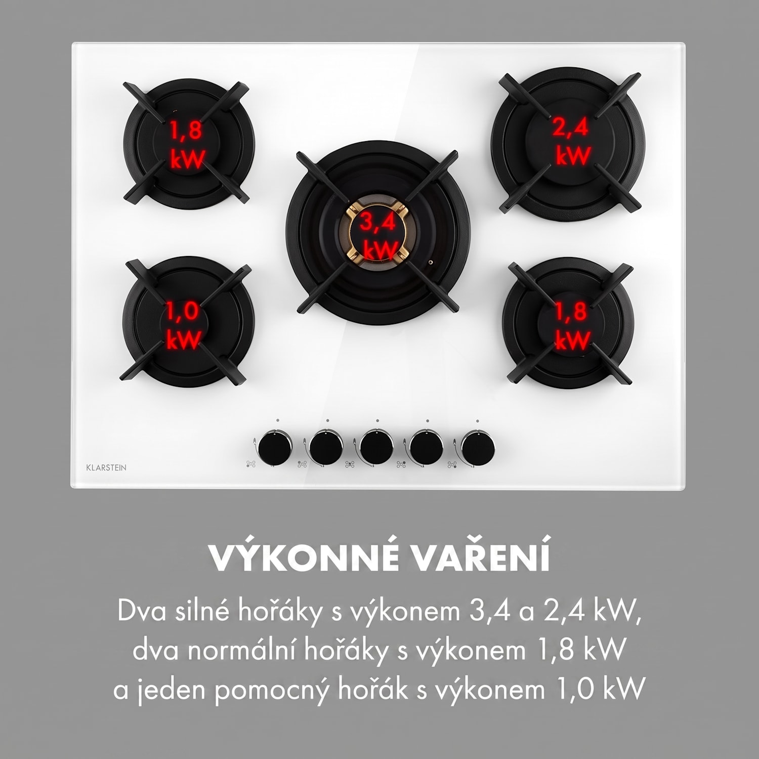 Goldflame 5, plynová varná deska, 5 mosazných hořáků, sklokeramika 70 cm | 5 hořáků | Bílá