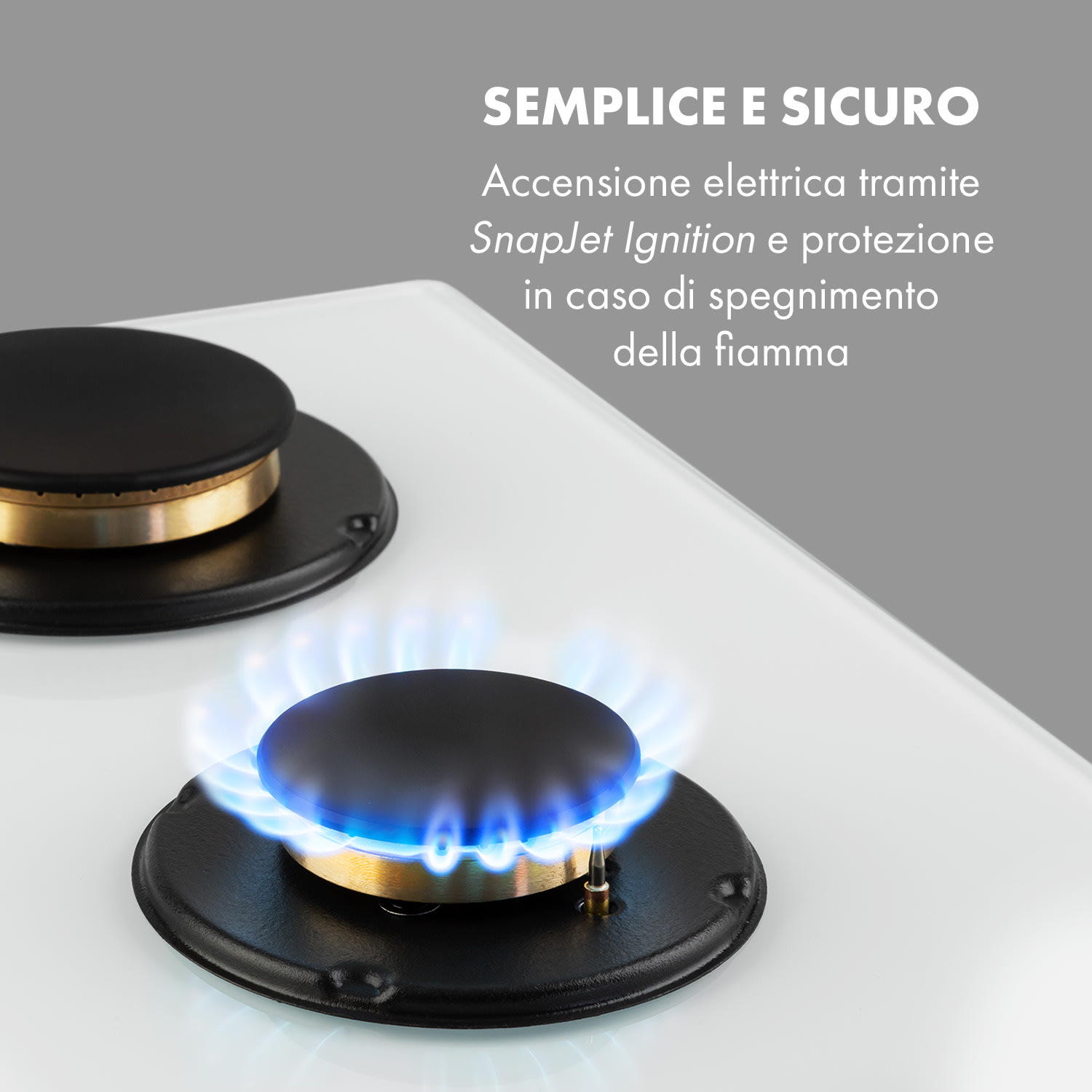 Goldflame 5, Piano Cottura a Gas, 5 Fornelli, Bruciatore in Ottone, Vetroceramica 70 cm | 5 bruciatori | Bianco