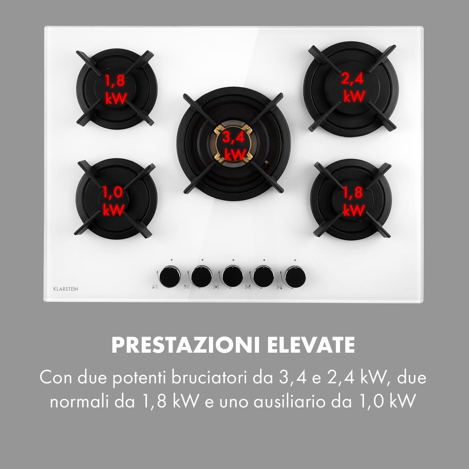 Goldflame 5, Piano Cottura a Gas, 5 Fornelli, Bruciatore in Ottone, Vetroceramica 70 cm | 5 bruciatori | Bianco