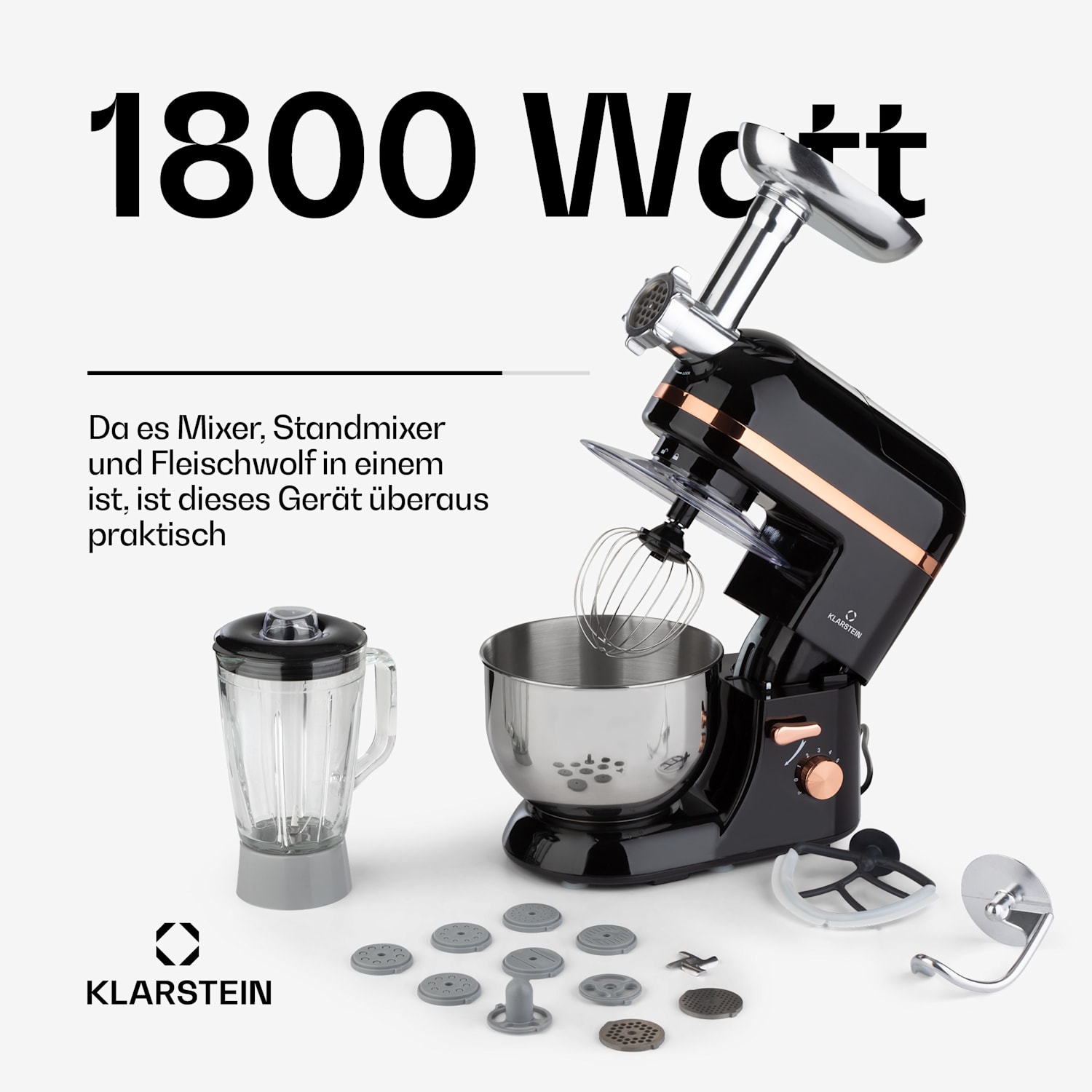 Lucia Elegance robot de cuisine, mixeur, hachoir pour viande, 1800W, sans BPA Noir