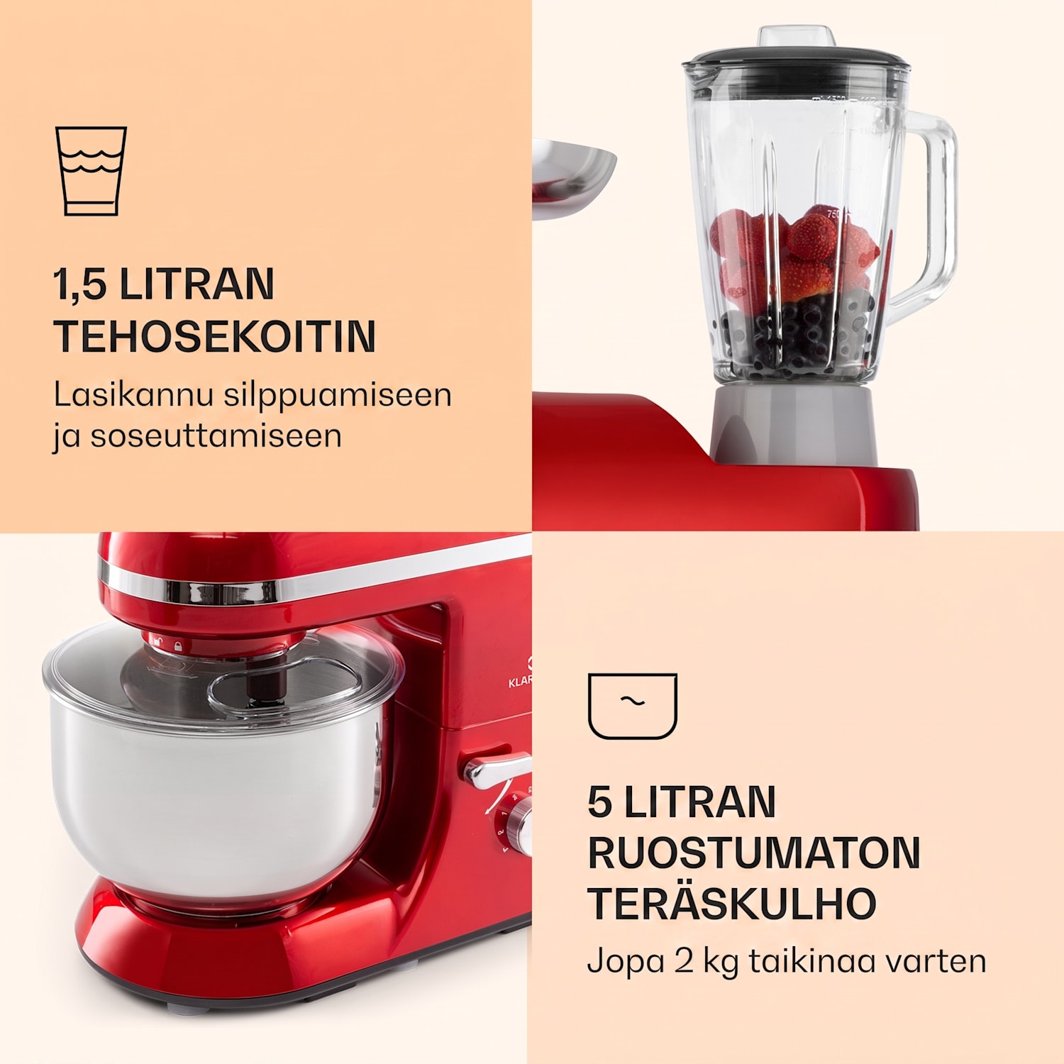 Lucia Elegance yleiskone tehosekoitin lihamylly 1800 W BPA-vapaa Punainen