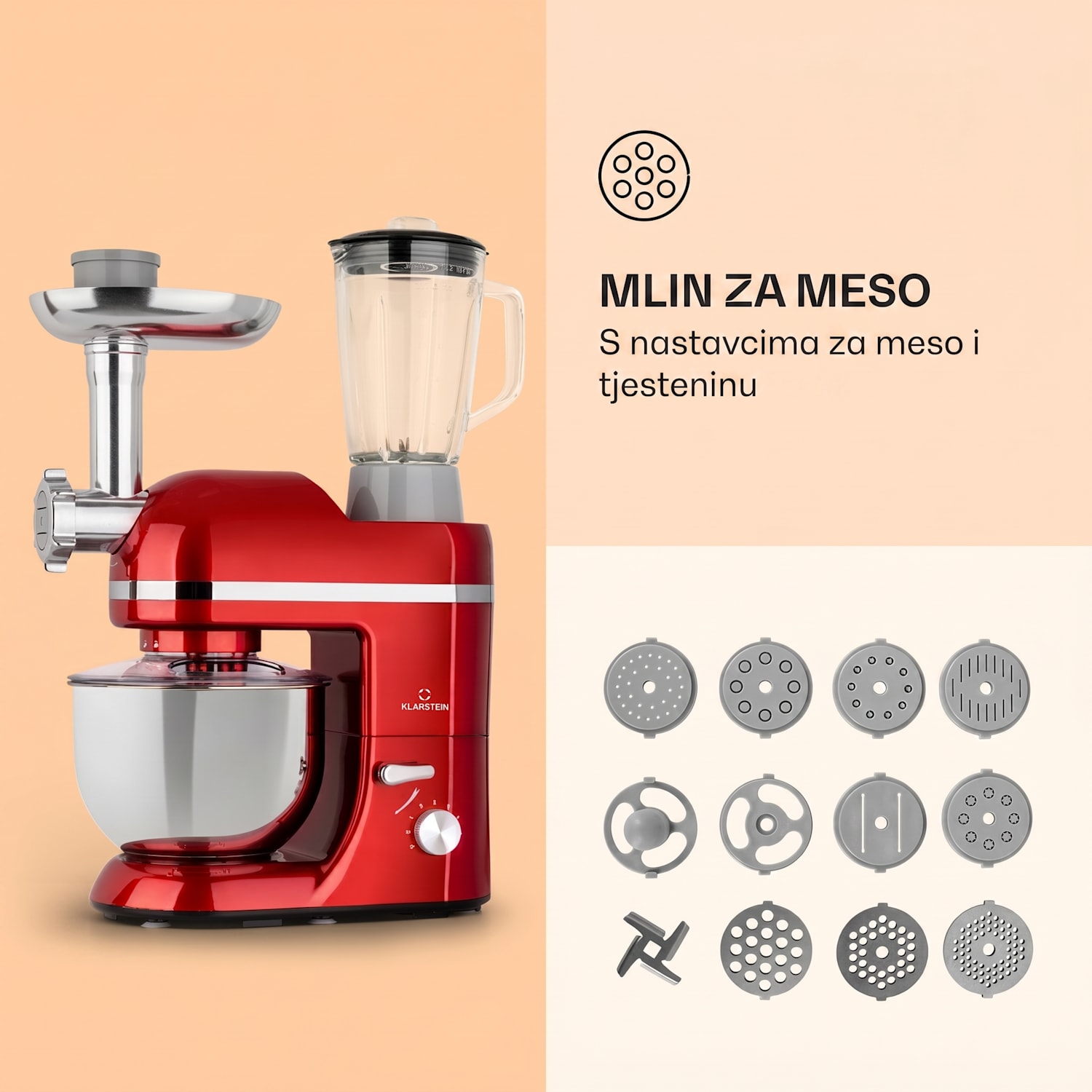 Lucia Elegance, kuhinjski robot, miješalica, mlin za meso, 1800W, bez BPA Crvena