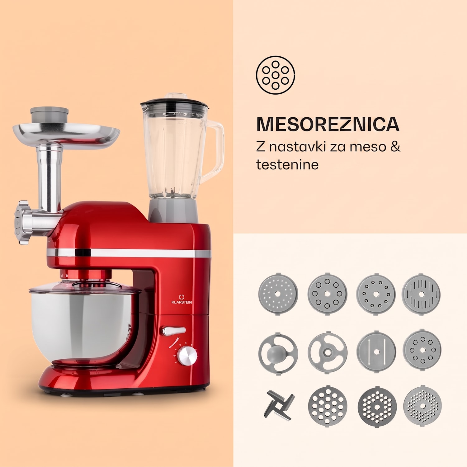 Lucia Elegance, kuhinjski robot, mešalnik, mlinček za meso, 1800W, brez BPA Rdeča