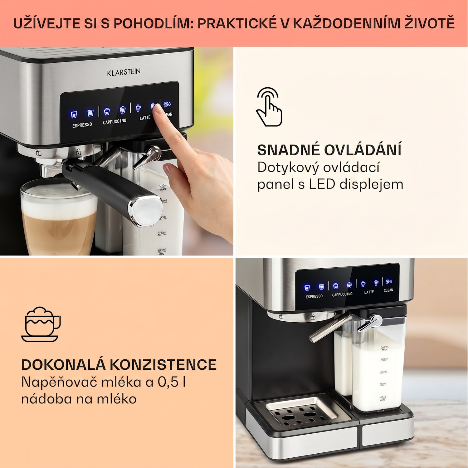 Arabica Comfort, kávovar s portafiltrem, 1350 W, 20 bar, 1,8 l, dotykový displej Stříbrná metalíza