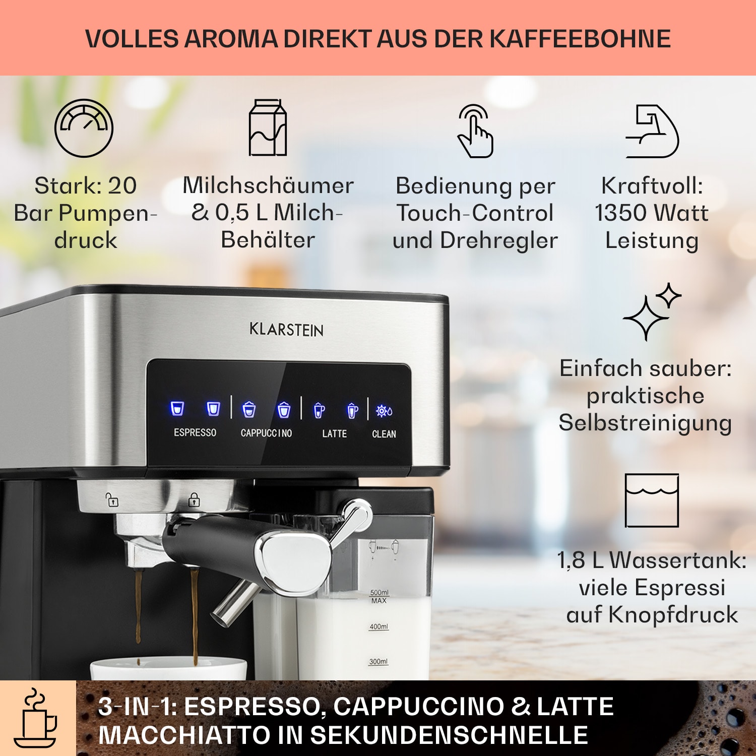 Arabica Comfort Siebträgermaschine 1350W 20 Bar 1,8l Touch-Bedienfeld Silber-Metallic