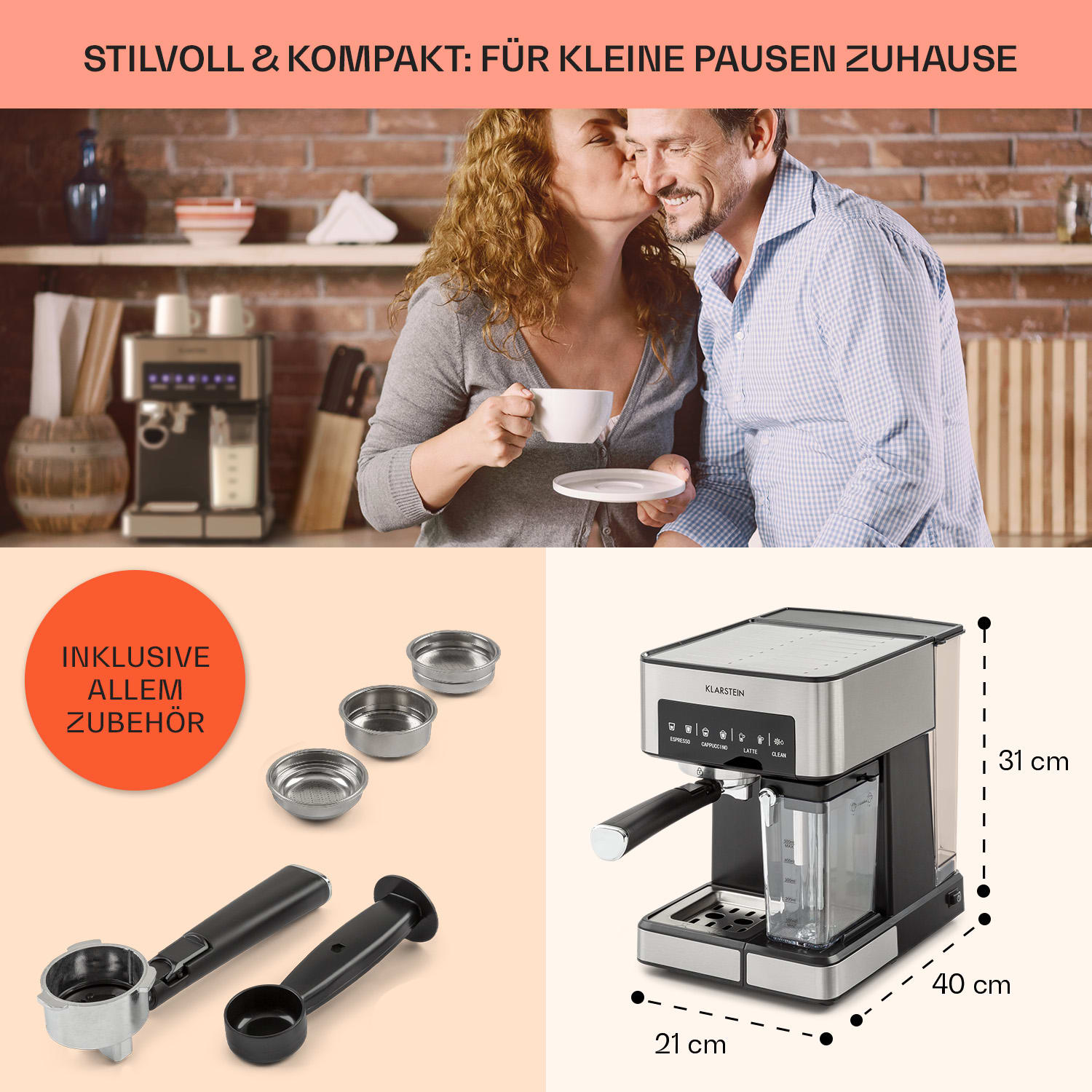 Arabica Comfort Siebträgermaschine 1350W 20 Bar 1,8l Touch-Bedienfeld Silber-Metallic