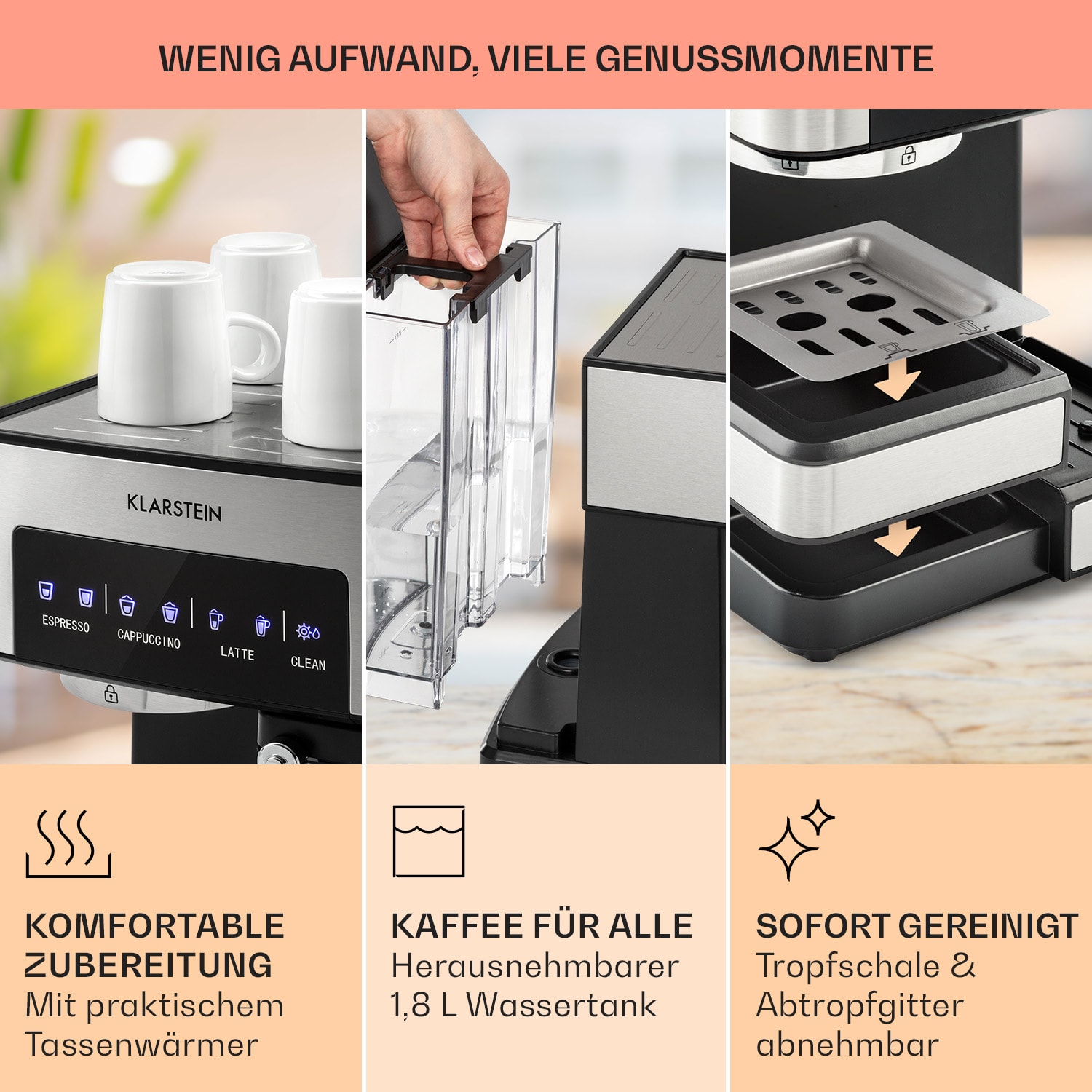 Arabica Comfort Siebträgermaschine 1350W 20 Bar 1,8l Touch-Bedienfeld Silber-Metallic