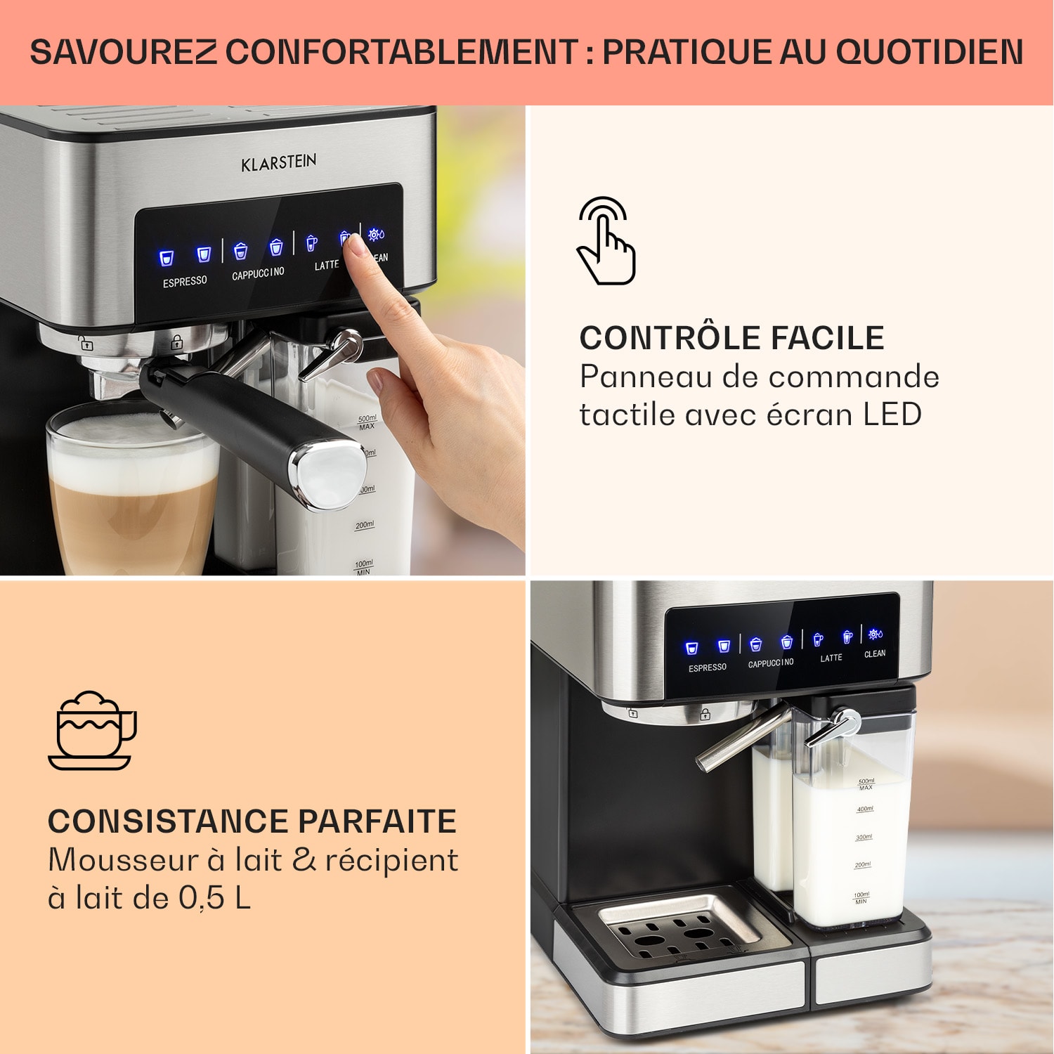 Machine à café filtre Arabica Comfort 1350W 20 Bar 1,8l Panneau de contrôle tactile Argent Métallisé