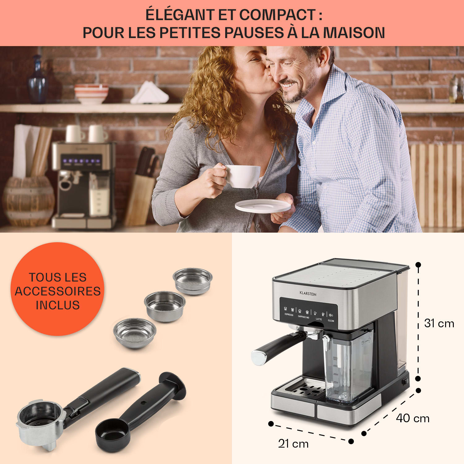Machine à café filtre Arabica Comfort 1350W 20 Bar 1,8l Panneau de contrôle tactile Argent Métallisé