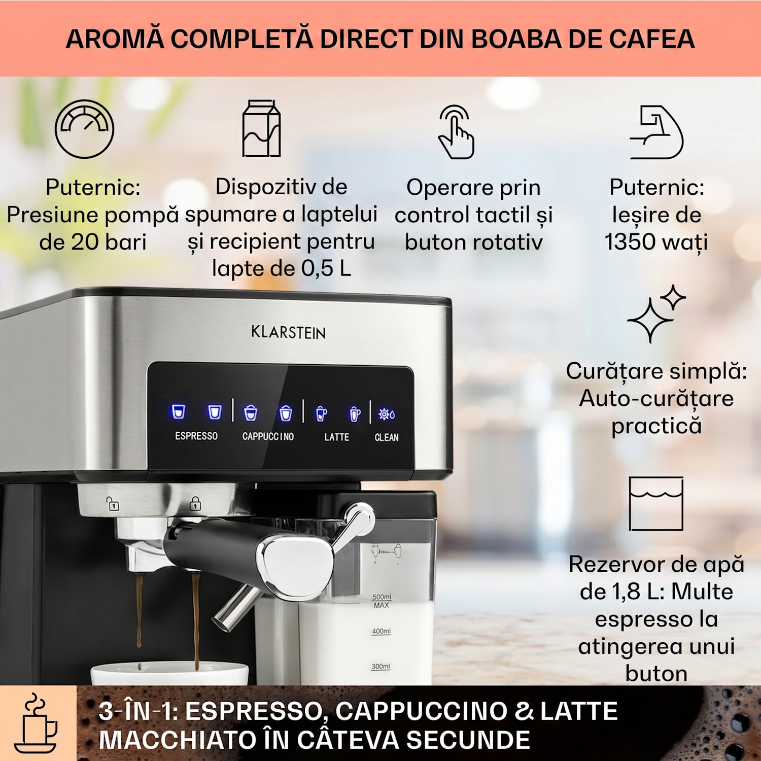 Mașină de cafea Arabica Comfort cu portafiltru, 1350W, 20 bar, 1,8 l, suprafață de control tactil Argintiu metalizat