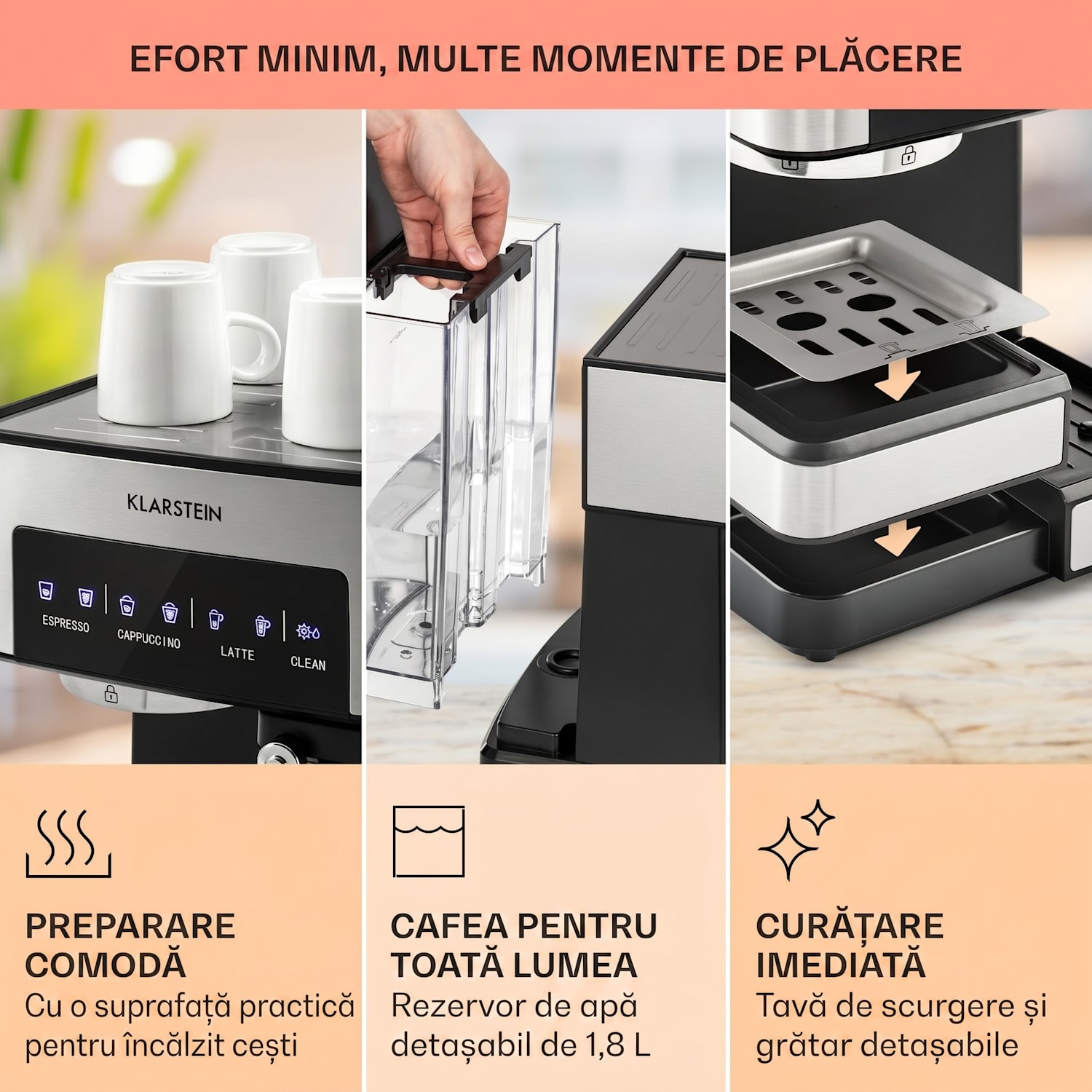 Mașină de cafea Arabica Comfort cu portafiltru, 1350W, 20 bar, 1,8 l, suprafață de control tactil Argintiu metalizat