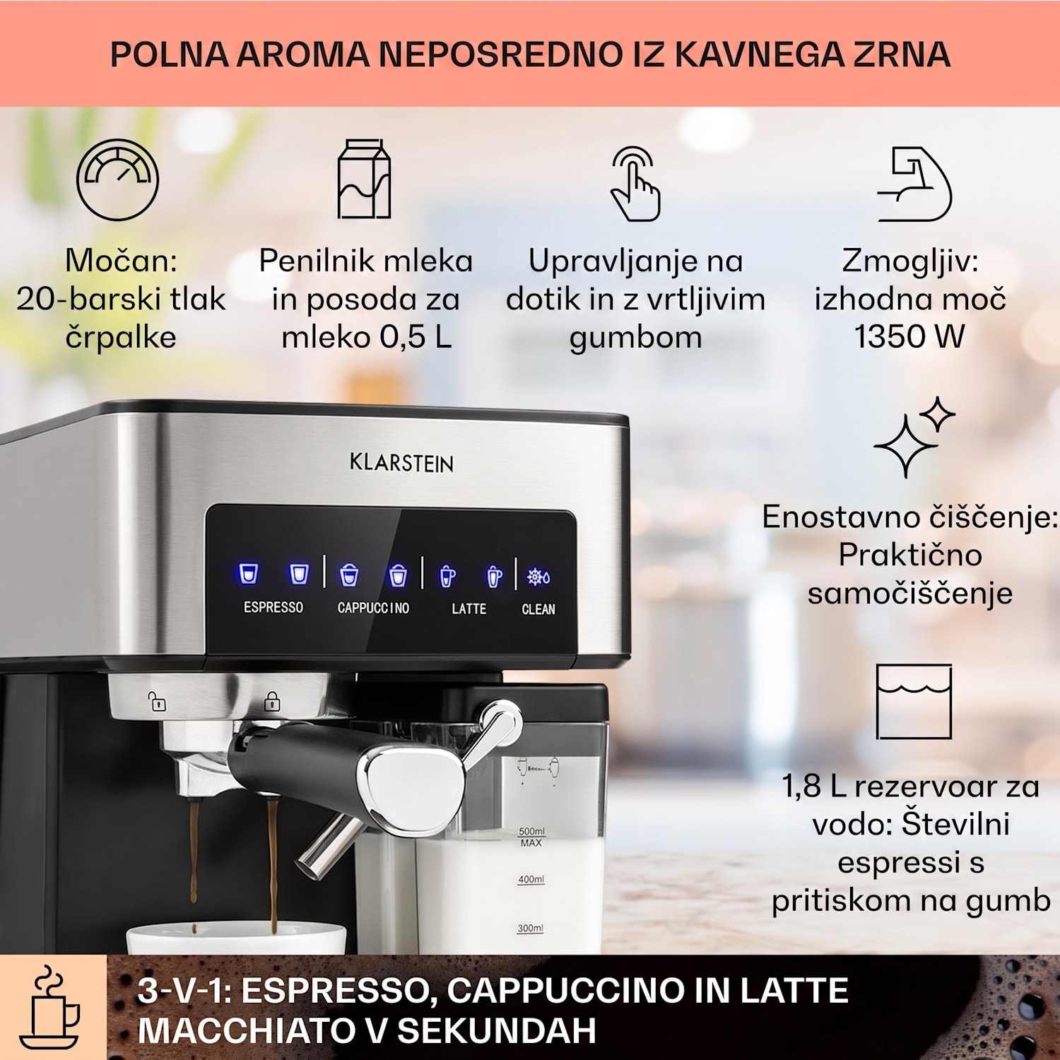Arabica Comfort kavni aparat s porta filtrom, 1350W, 20 barov, 1,8l, nadzorna plošča na dotik Srebrna kovinska barva