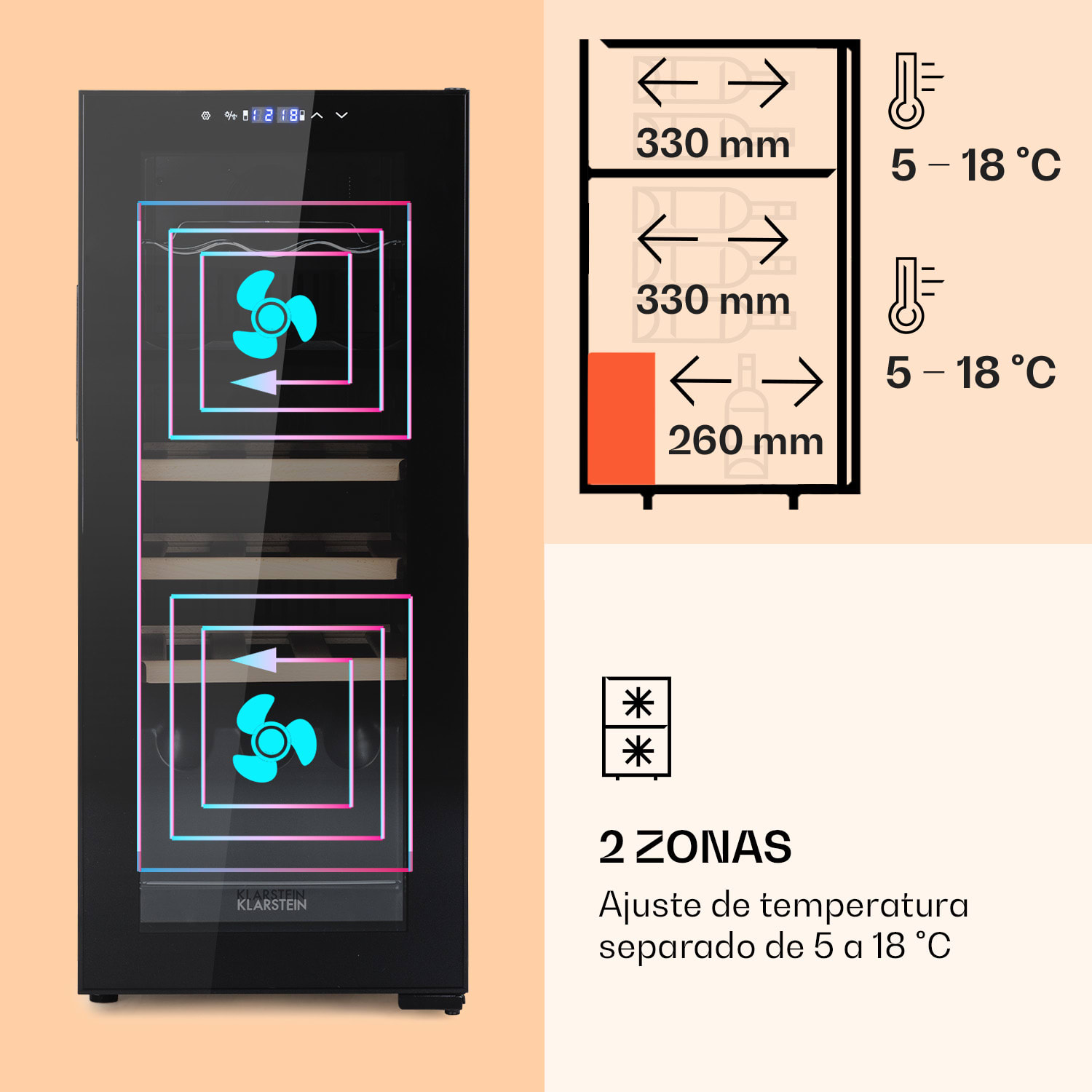 Bovella 18 Duo+ Vinoteca de dos zonas 50l 18 bot. Puerta de cristal 