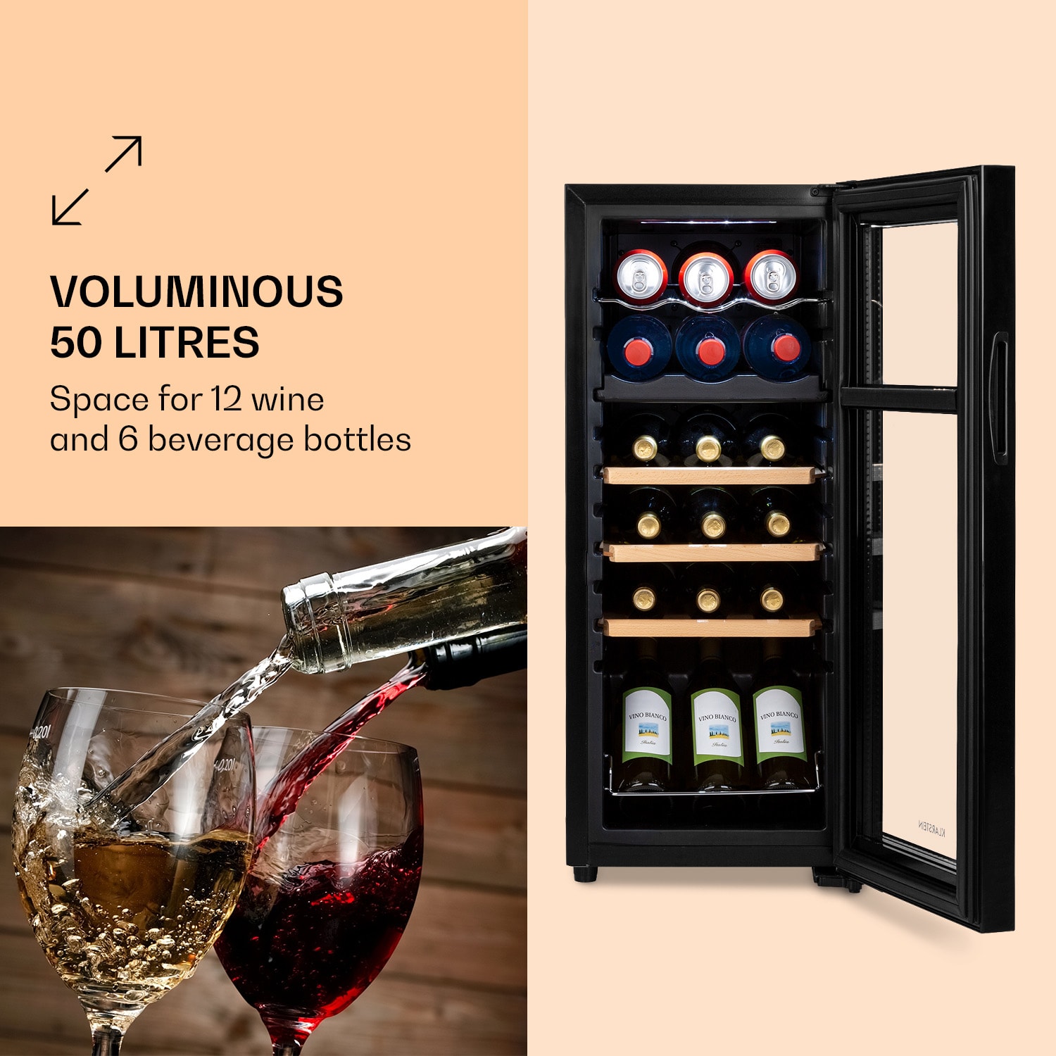 Bovella 18 Duo+, dvo-conski hladilnik za vino, 50 l, 18 stekl., steklena vrata