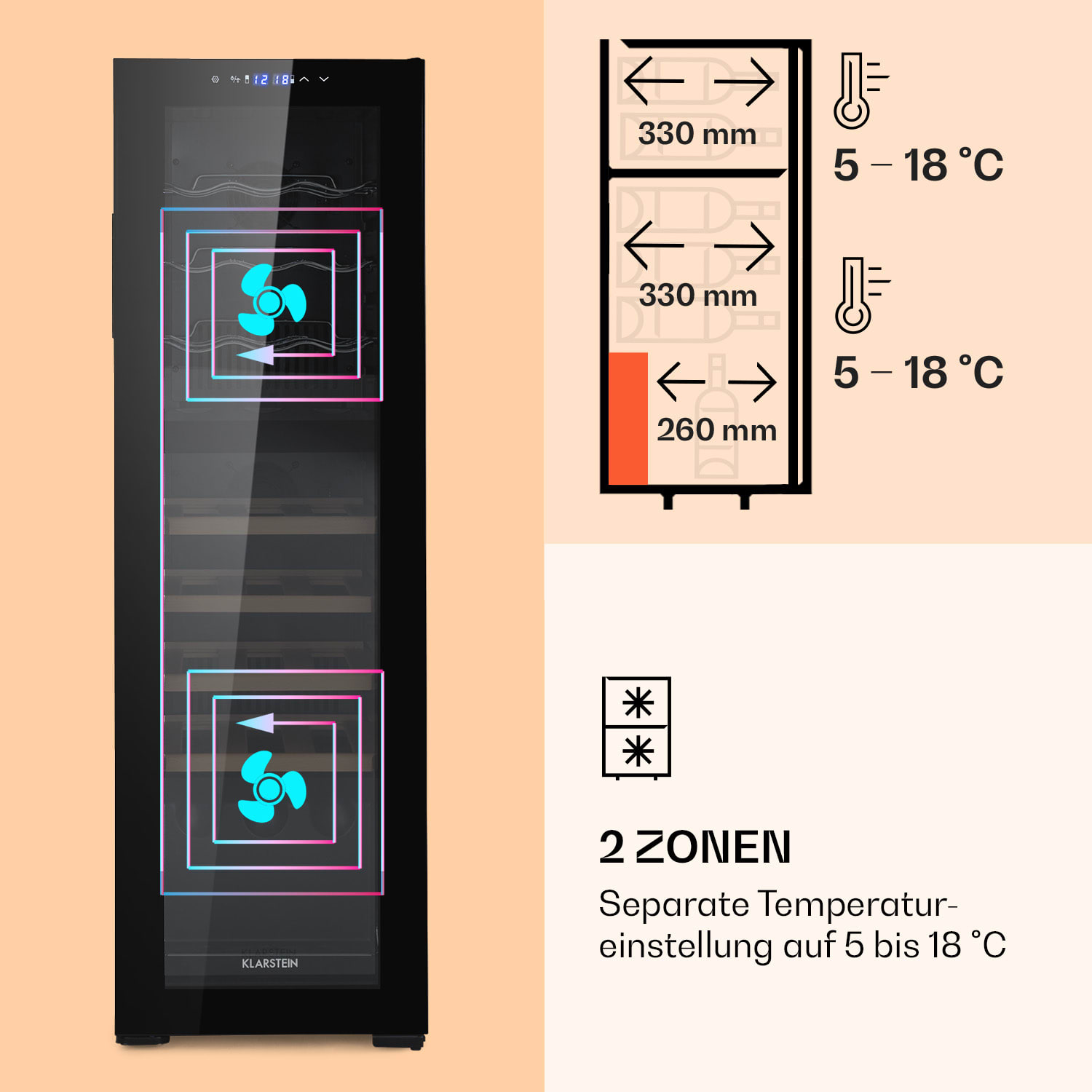 Bovella 27 Duo+ Zweizonen-Weinkühlschrank 74l 27 Fl. Glastür 
