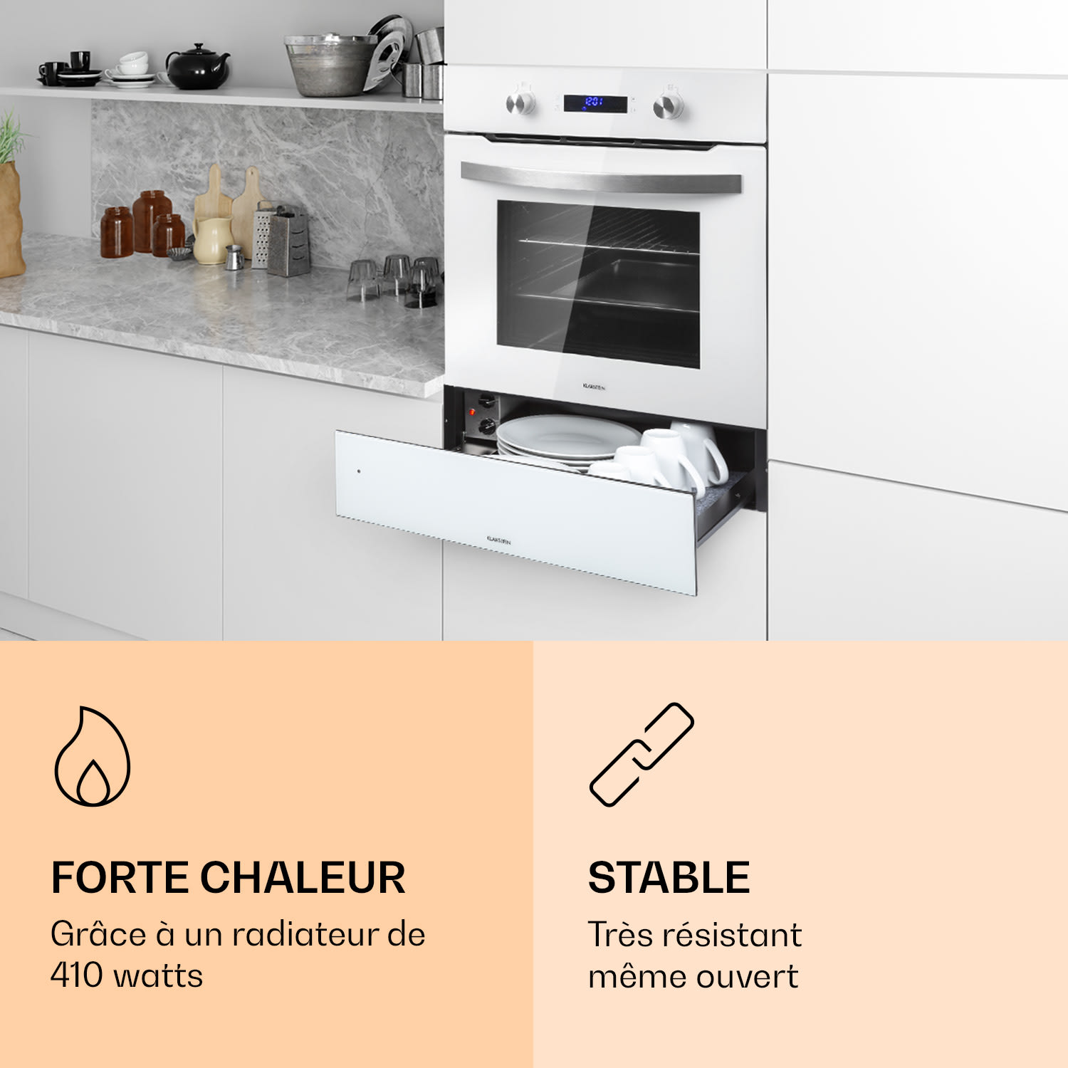 Tiroir chauffant Banquetta 410 watts thermostat 30-70 °C fonction minuterie Blanc