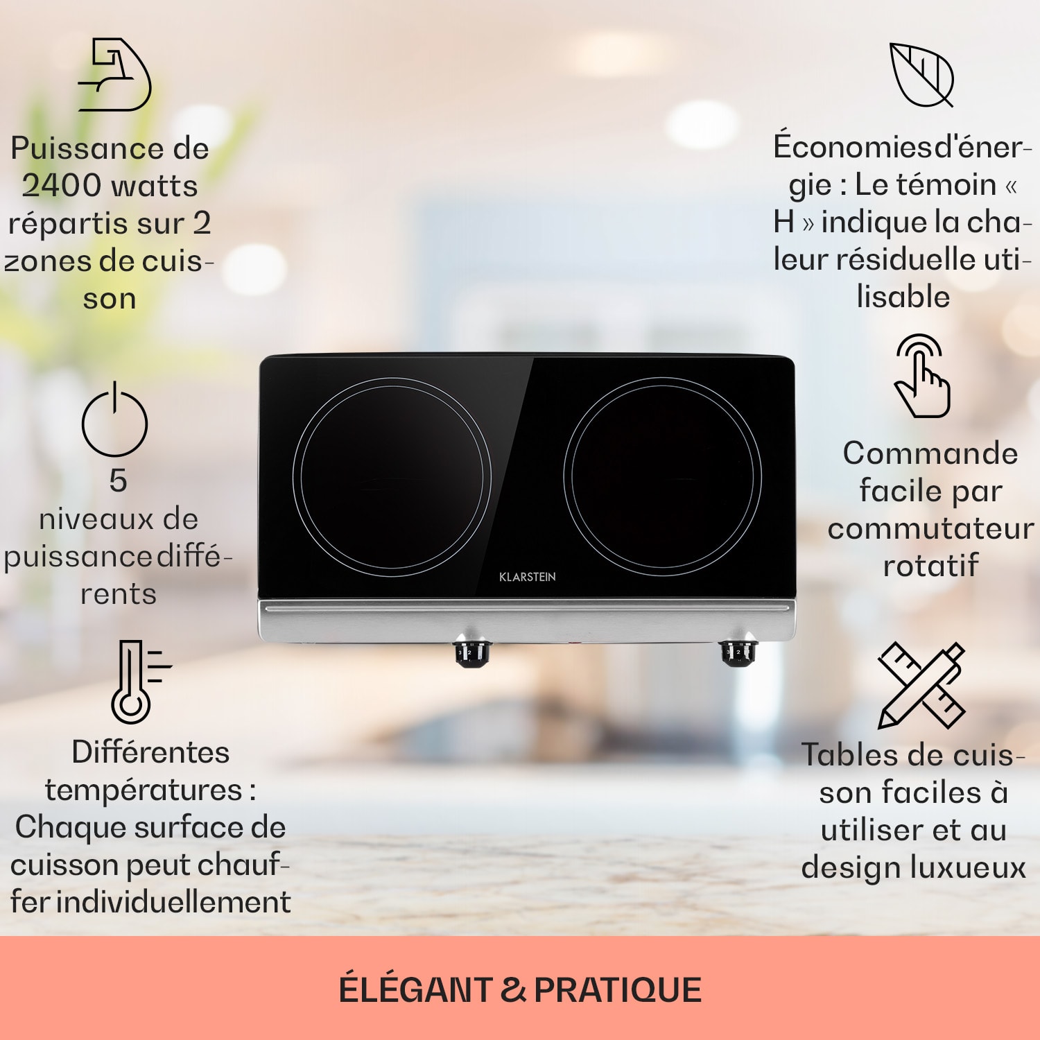 Cookbuddy table de cuisson double 2400 W 5 vitesses vitrocéramique Noir / Argent Métallisé