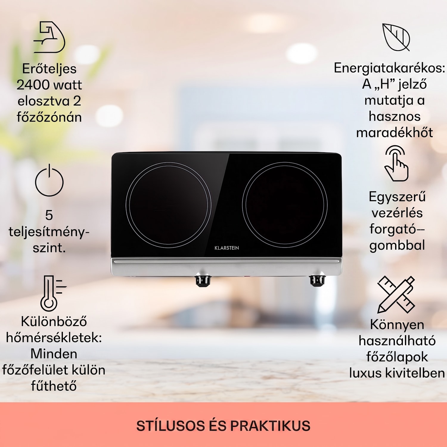 Cookbuddy, főzőlap, 2400 W, 2 főzőlap, 5 teljesítményszint, üvegkerámia Fekete / Ezüst metál