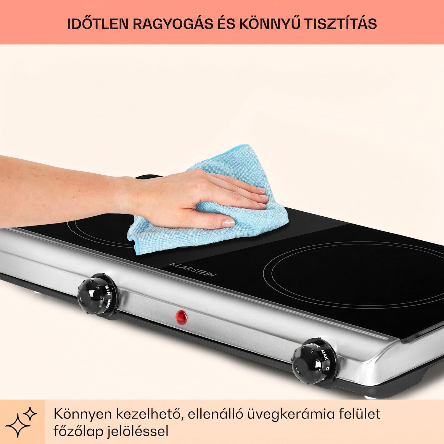 Cookbuddy, főzőlap, 2400 W, 2 főzőlap, 5 teljesítményszint, üvegkerámia Fekete / Ezüst metál