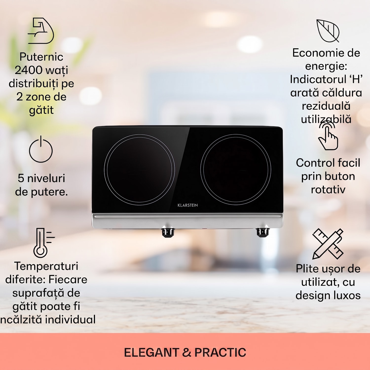 Cookbuddy, plită dublă, 2400 W, 5 niveluri de putere, sticlă ceramică Negru / Argintiu metalizat