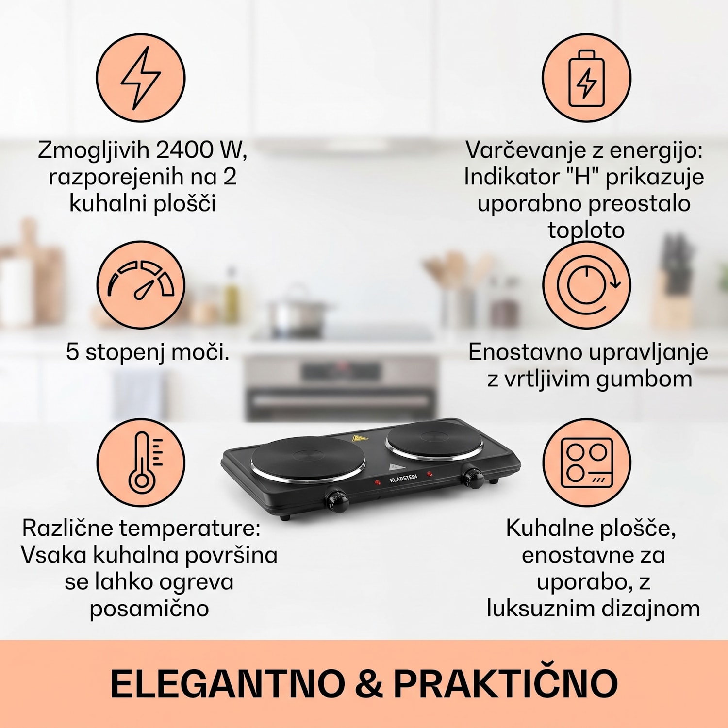 Cookbuddy, dvojna kuhalna plošča, 2400 W, 5 stopenj moči, steklokeramika Črna / Srebrna kovinska barva