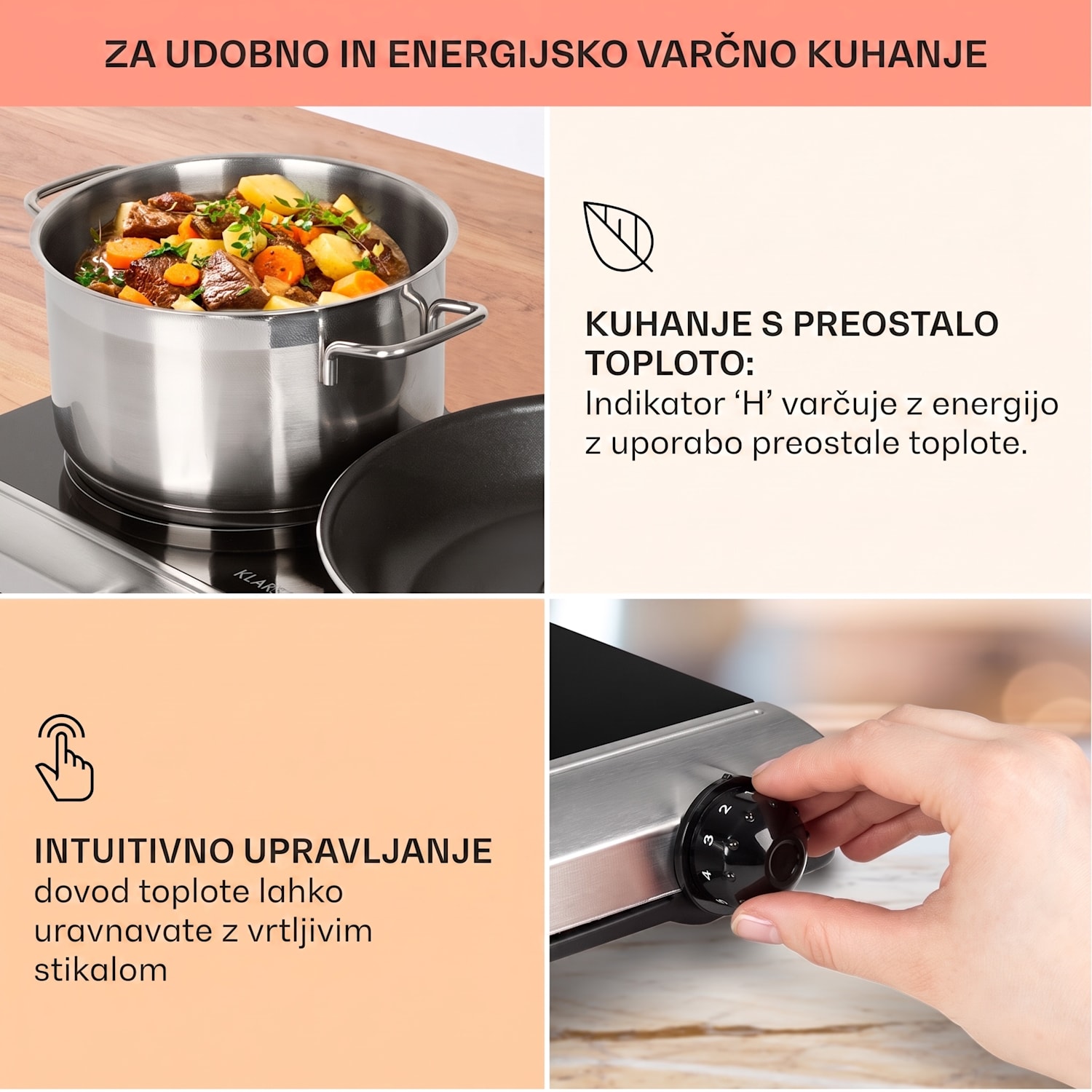 Cookbuddy, dvojna kuhalna plošča, 2400 W, 5 stopenj moči, steklokeramika Črna / Srebrna kovinska barva