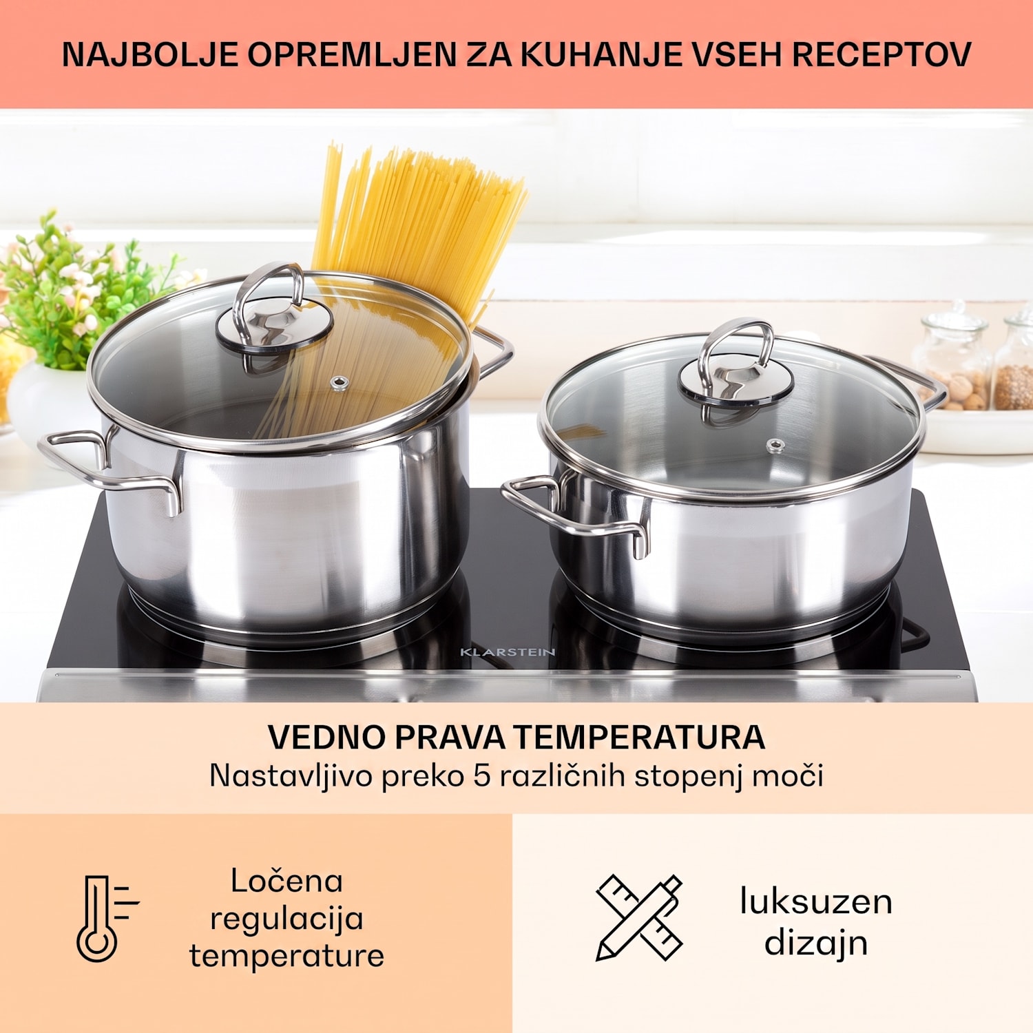 Cookbuddy, dvojna kuhalna plošča, 2400 W, 5 stopenj moči, steklokeramika Črna / Srebrna kovinska barva