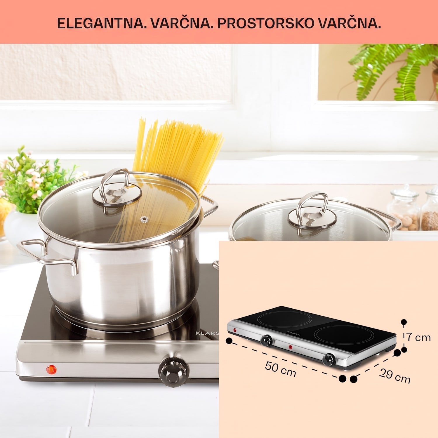 Cookbuddy, dvojna kuhalna plošča, 2400 W, 5 stopenj moči, steklokeramika Črna / Srebrna kovinska barva