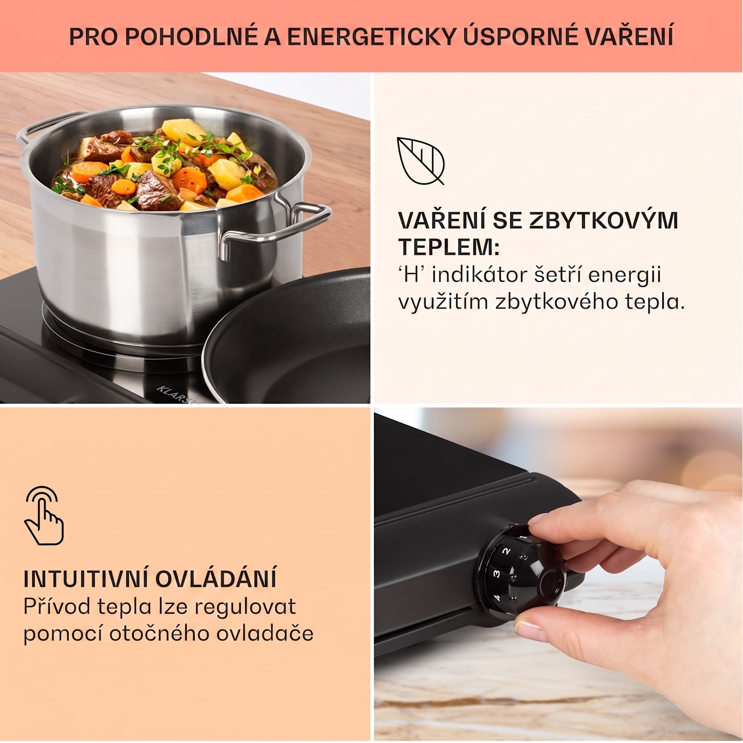 Cookbuddy, sklokeramická varná deska, 2400 W, 2 zóny, 5 úrovní výkonu Černá