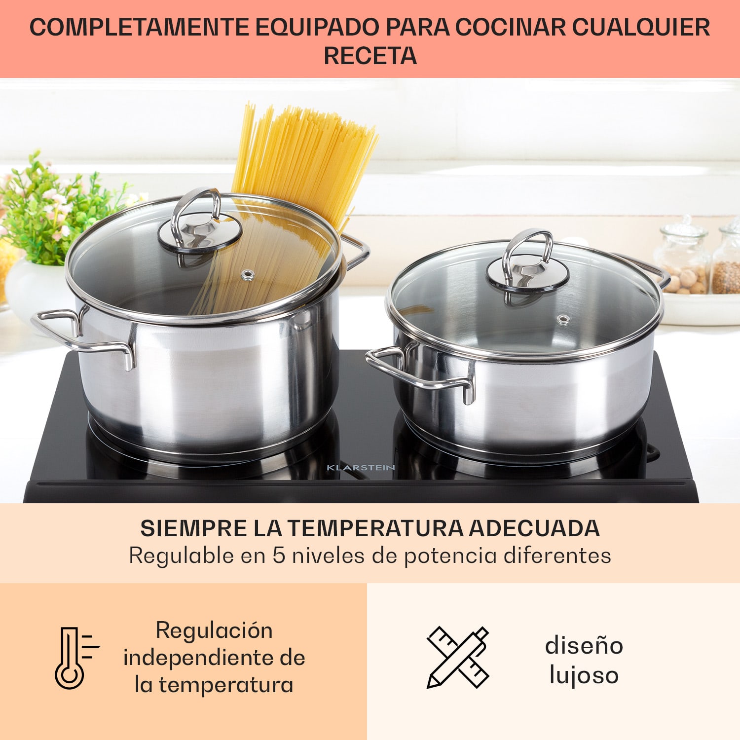 Vitrocerámica doble Cookbuddy 2400W 5 niveles de potencia 