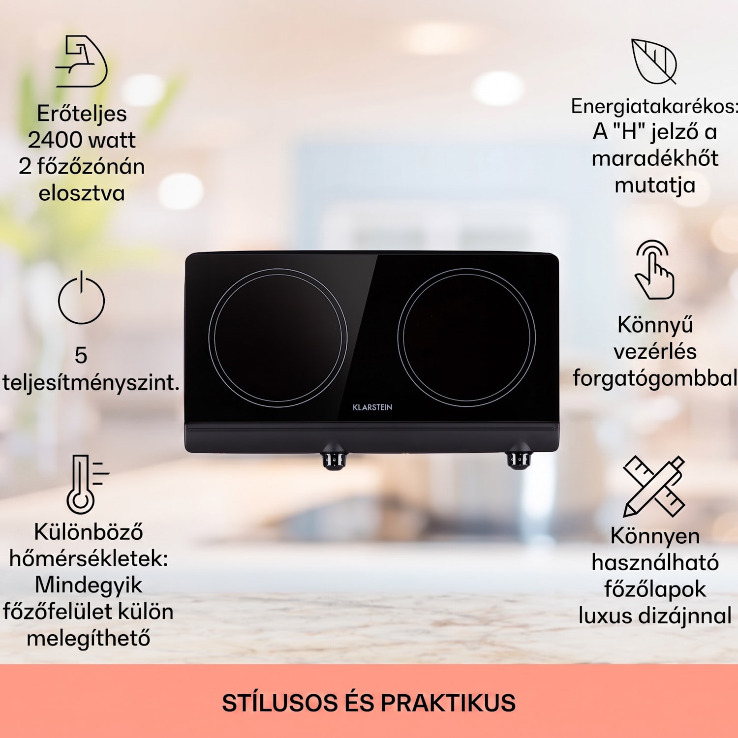 Cookbuddy, főzőlap, 2400 W, 2 főzőlap, 5 teljesítményszint, üvegkerámia Fekete