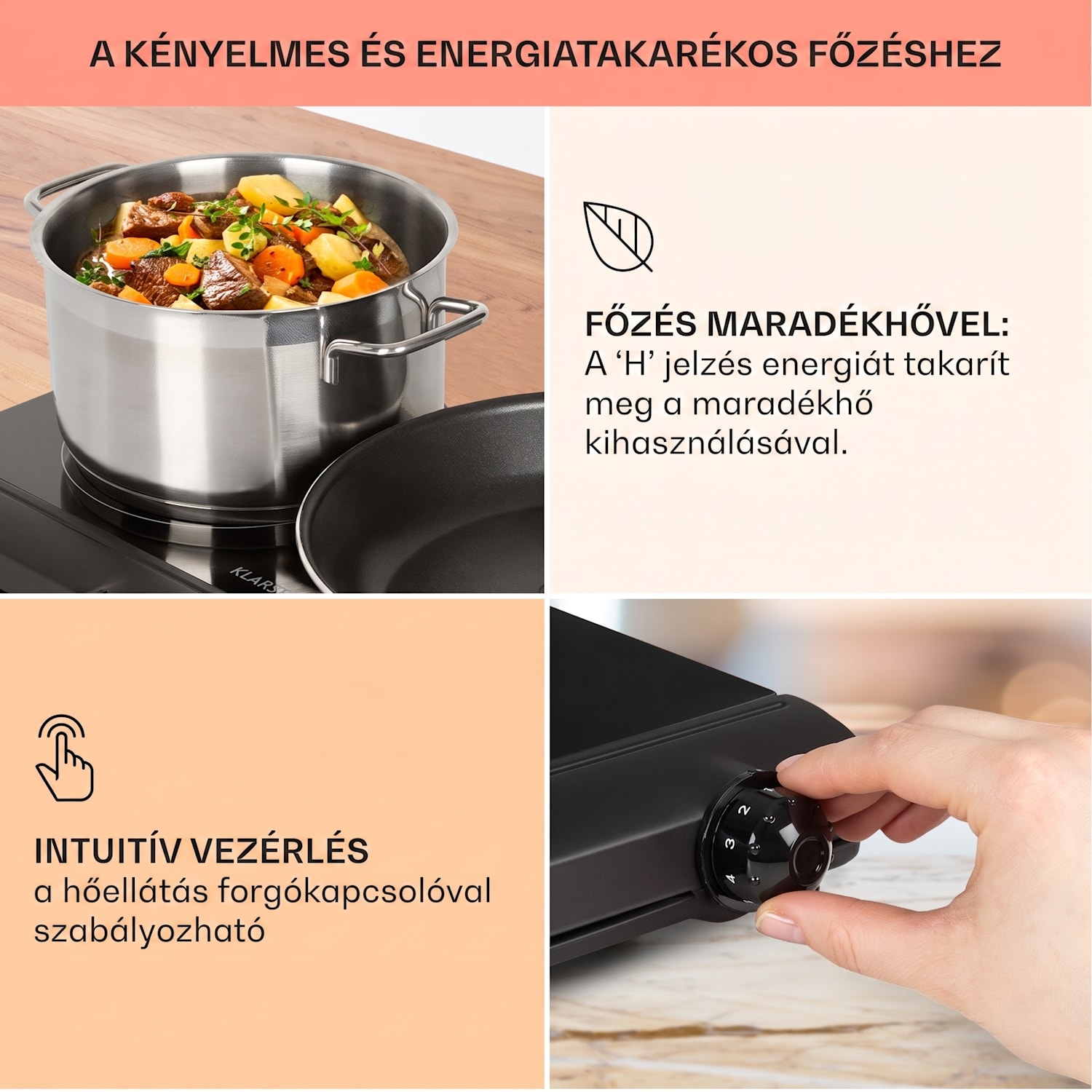 Cookbuddy, főzőlap, 2400 W, 2 főzőlap, 5 teljesítményszint, üvegkerámia Fekete
