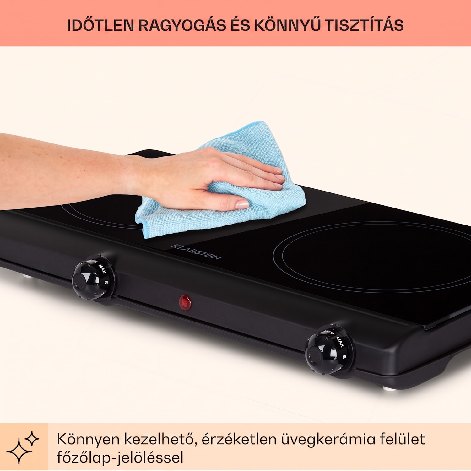 Cookbuddy, főzőlap, 2400 W, 2 főzőlap, 5 teljesítményszint, üvegkerámia Fekete