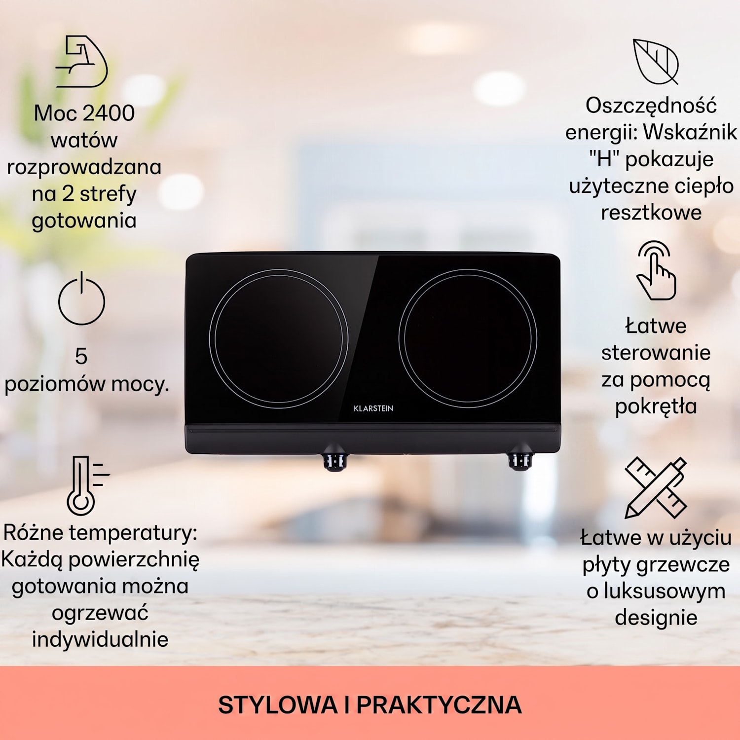 Cookbuddy, kuchenka elektryczna, przenośna, dwupalnikowa, 2400 W, 5 poziomów mocy, szkło ceramiczne Czarny