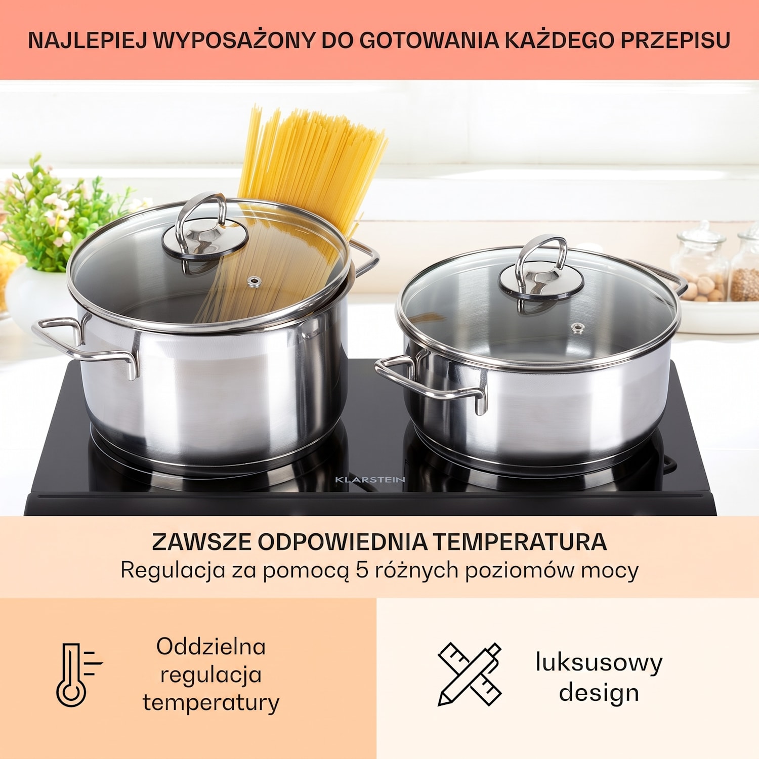 Cookbuddy, kuchenka elektryczna, przenośna, dwupalnikowa, 2400 W, 5 poziomów mocy, szkło ceramiczne Czarny