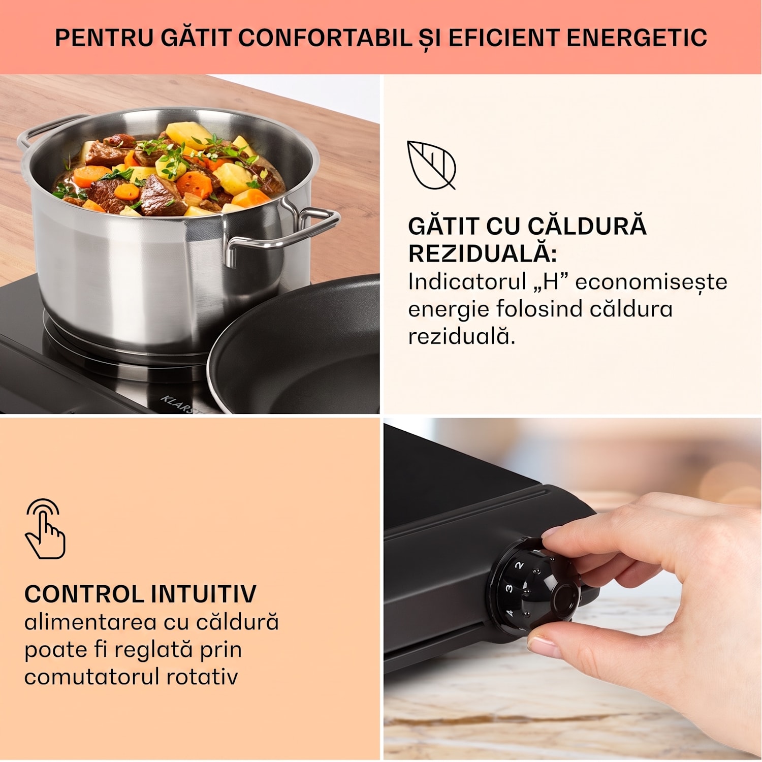 Cookbuddy, plită dublă, 2400 W, 5 niveluri de putere, vitroceramică Negru